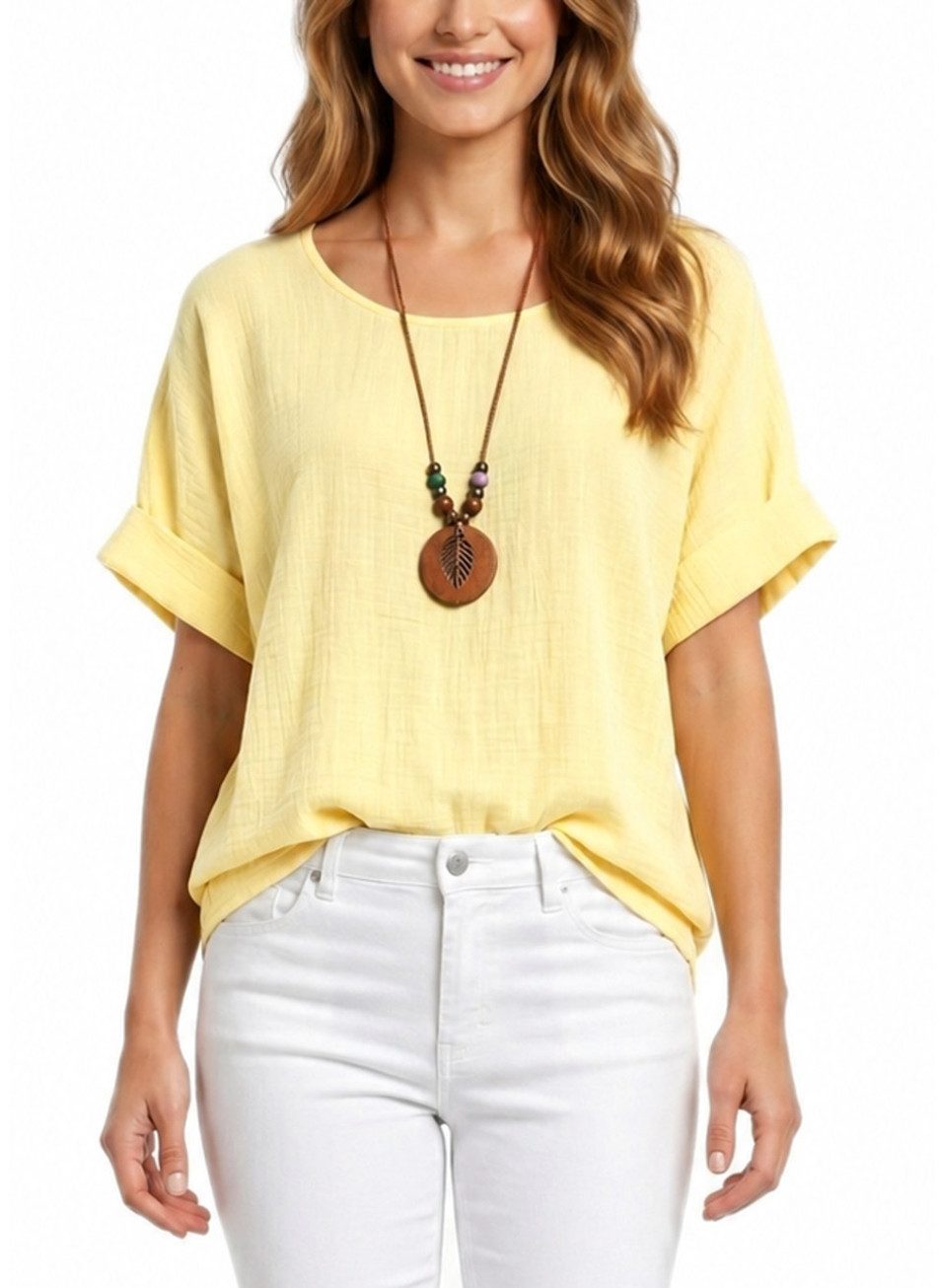 dy_mode Kurzarmbluse Damen Kurzarm Bluse Leichte Sommer Tunika Baumwollbluse Oberteil in Unifarbe, mit passende Kette
