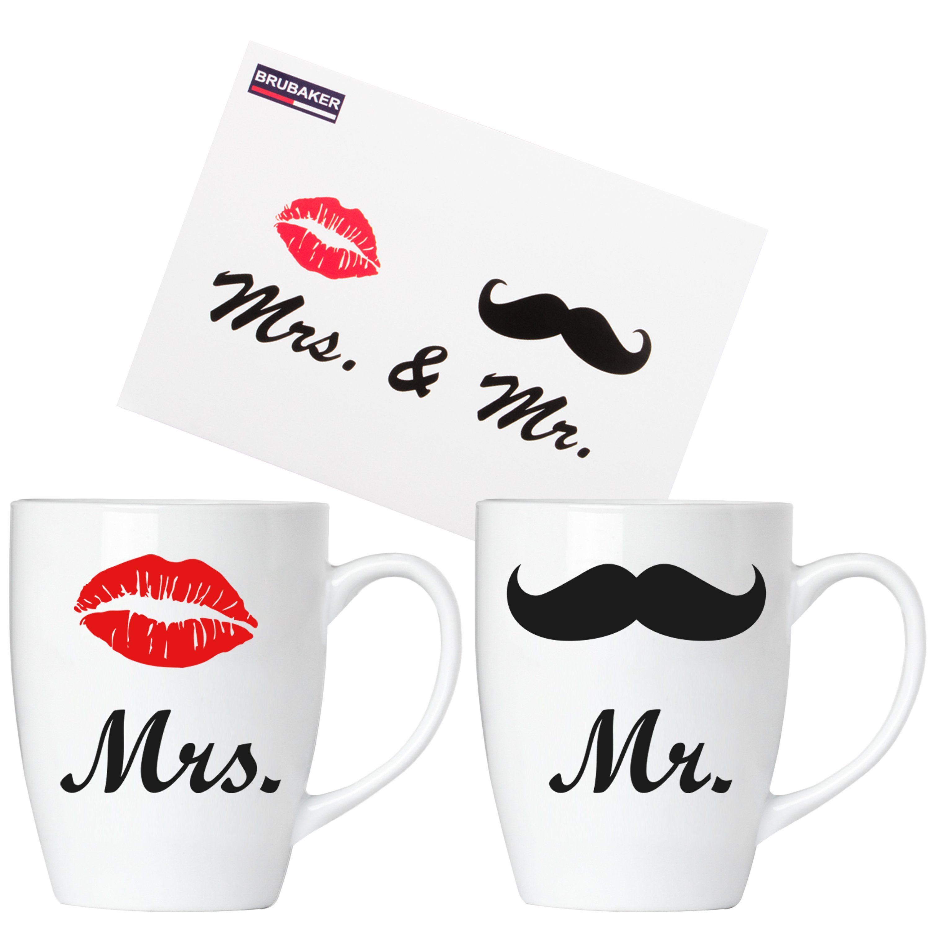 Schnurrbart, "Mrs.", Kaffeebecher Tasse mit und mit Kaffeetassen Geschenkset Geschenkpackung, und Motivtassen Kussmund "Mr." in Keramik, 2er-Set Grußkarte BRUBAKER