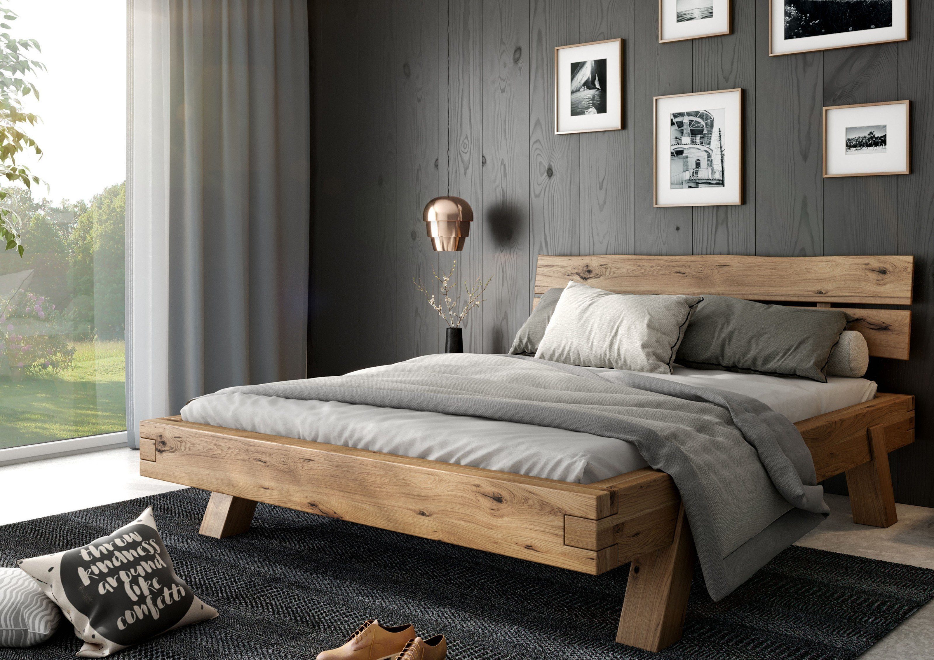 ELFO Massivholzbett aus Massivholz in Eiche rustikal (BxHxT: 204x85x218 cm)