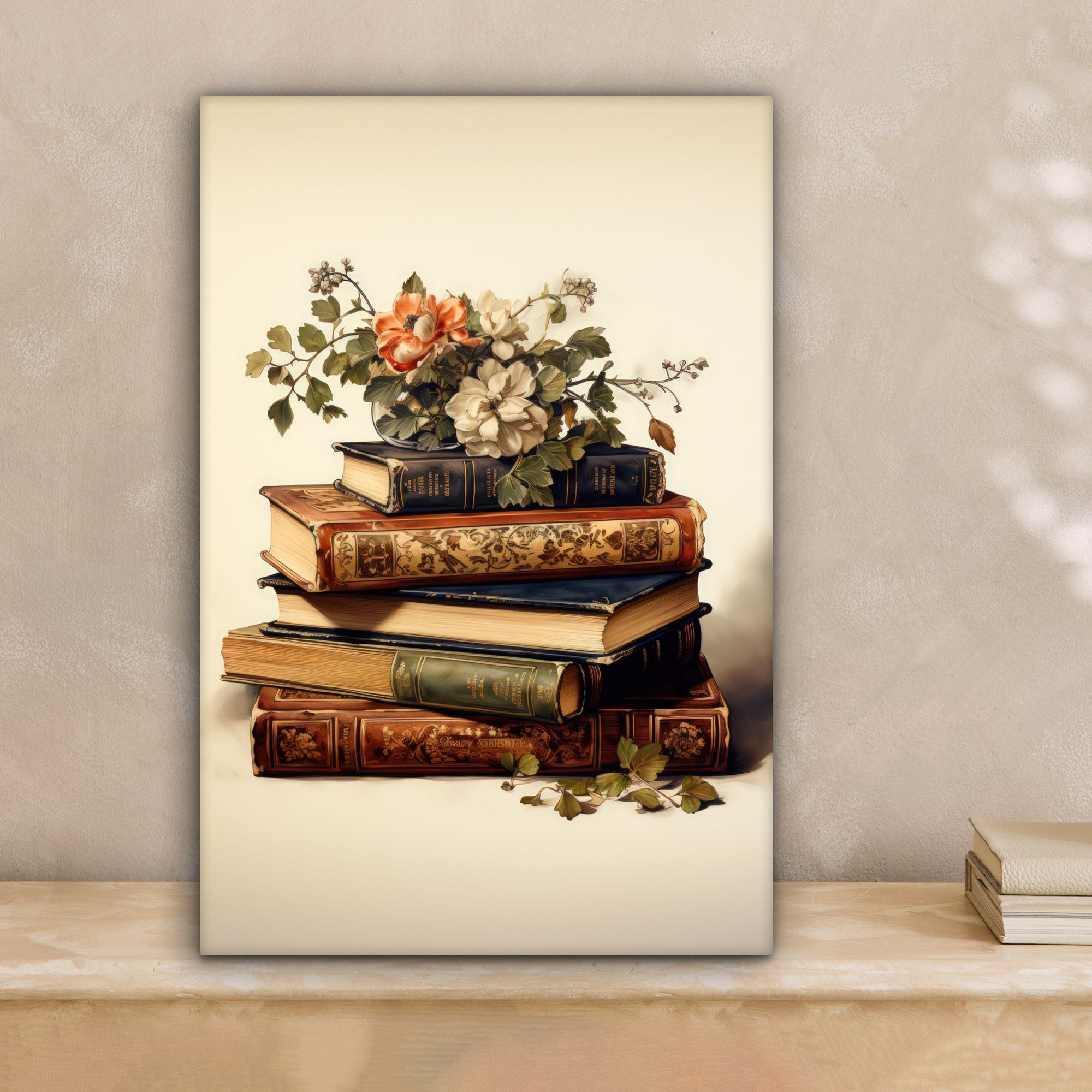 OneMillionCanvasses® Leinwandbild Vintage - Bücher - Blumen - Weiß, Fotodru günstig online kaufen