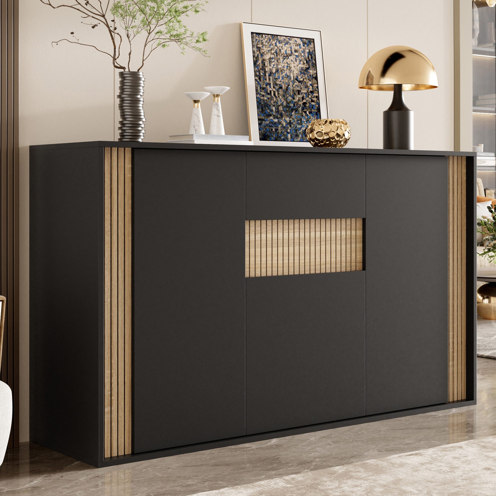 Flieks Kommode mit verstellbarer LED-Beleuchtung, 1 Schublade und 3 Türen (140×40×82 cm, 1 St), Sideboard Mehrzweckschrank Multifunktionsschrank Holzoptik&Schwa – Bild 4 von 5