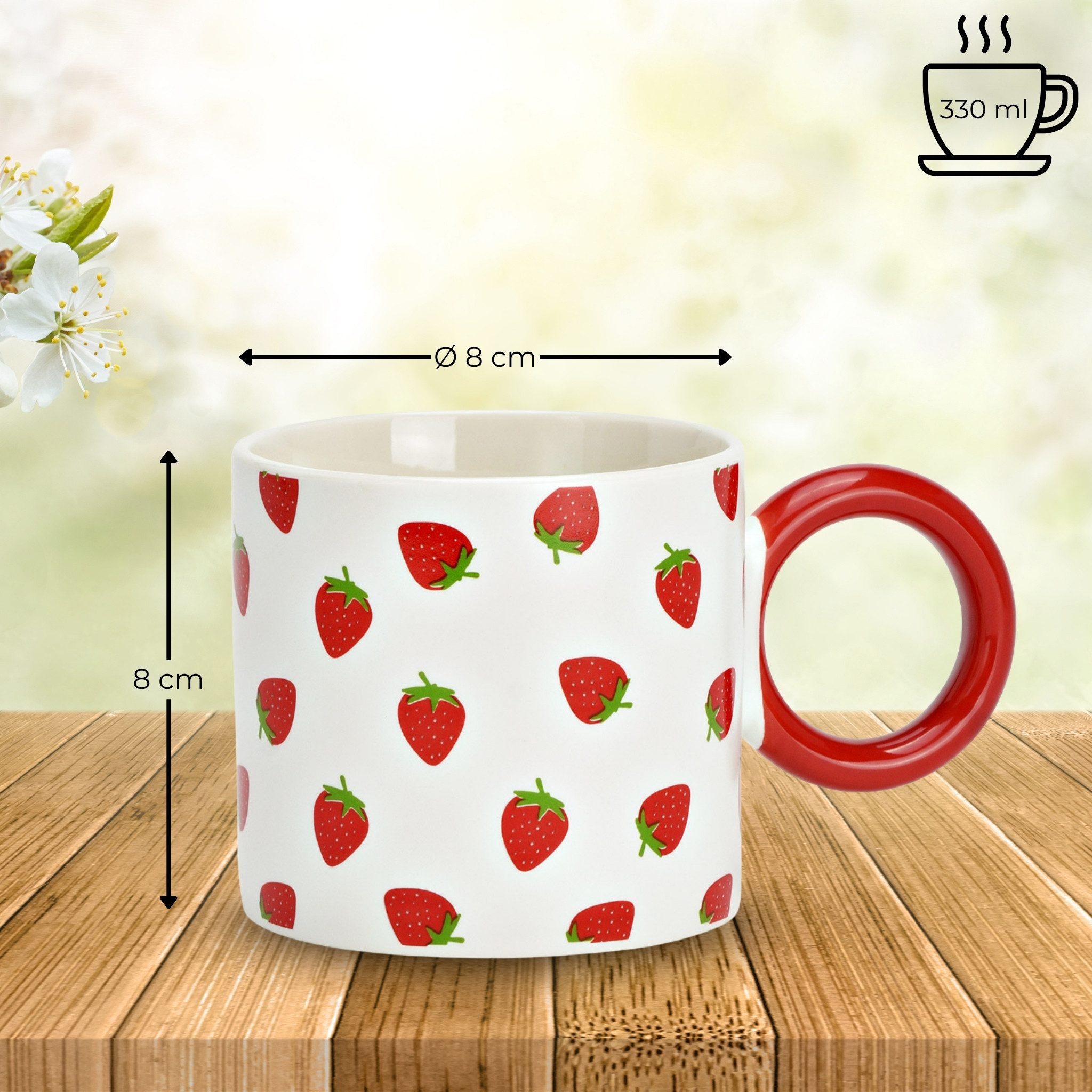 matches21 HOME & HOBBY Tasse Kaffeetassen Erdbeer Dekor, 4er Set Kaffeetasse Weiß Gelb, 4-tlg., Porzellan, Bunte Obst Frühstückstasse 330 ml