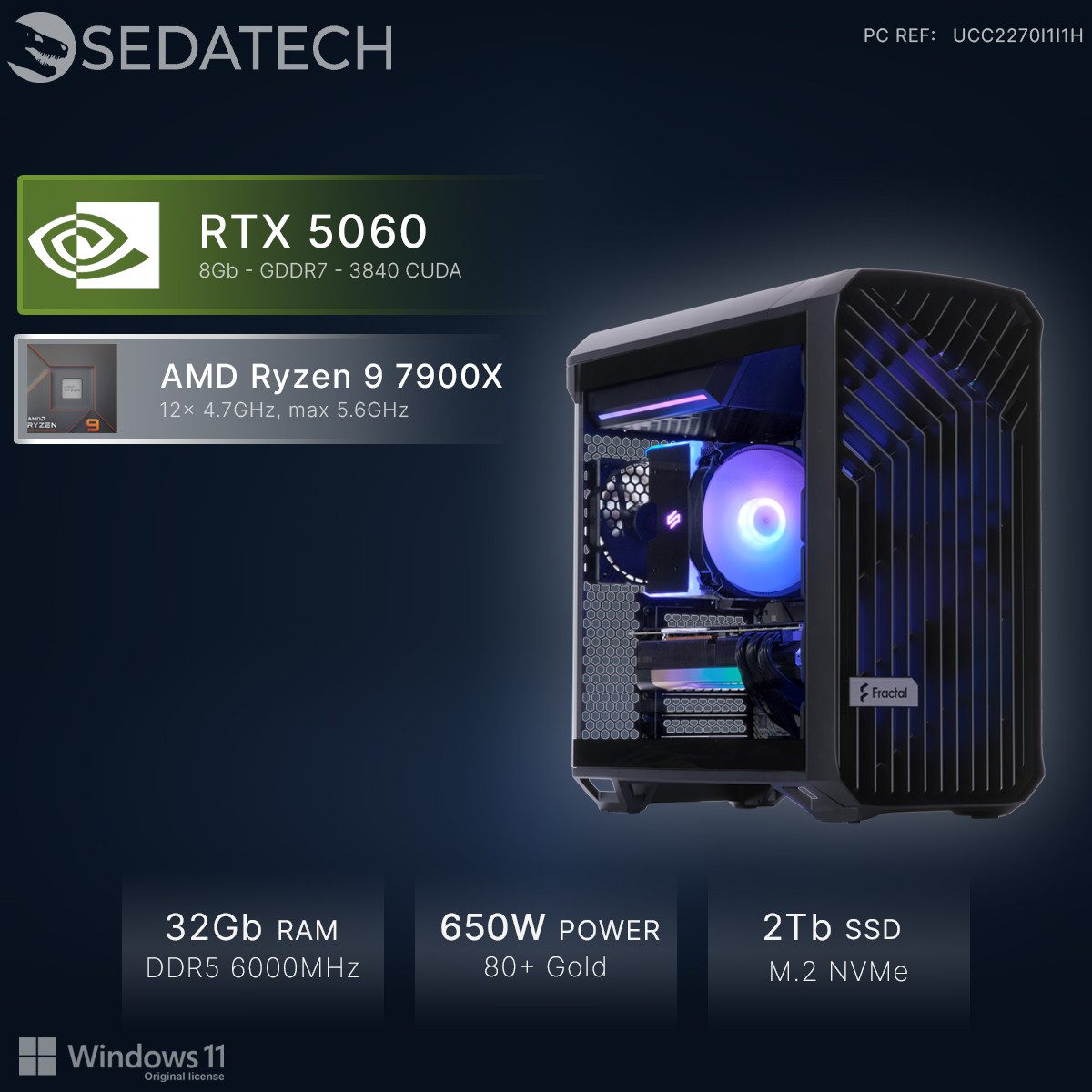 Sedatech UCC2270I1I1HF - Workstation Business-PC (AMD Ryzen 9 7900X 12x 4.7GHz (max 5.6GHz), Geforce RTX5060 8GB, 32 GB RAM, 2000 GB SSD, Wlan 6E)