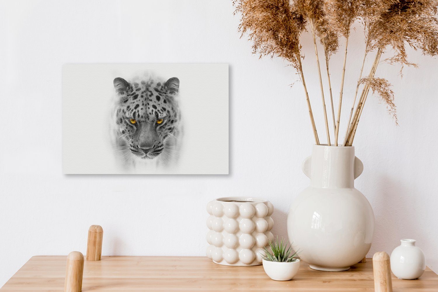 OneMillionCanvasses® Leinwandbild Leopard - Wanddeko, Leinwandbilder, Aufhängefertig, Kopf, - 30x20 cm Schwarz Weiß - (1 St), Wandbild