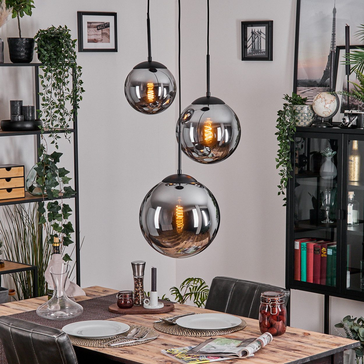 hofstein Hängeleuchte Rerto Hängelampe aus Metall/Glas in Schwarz/Rauchfarben für Esszimmer, ohne Leuchtmittel