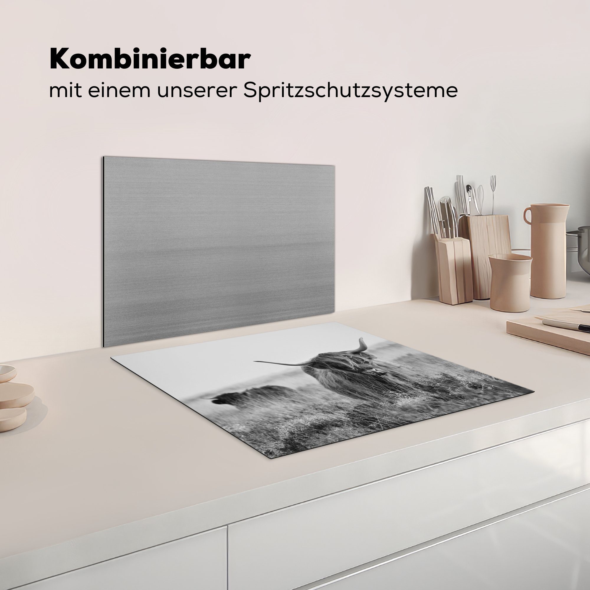 - Ceranfeldabdeckung cm, Natur, tlg), - Fell - nutzbar, - Hörner Kuh Grau Mobile MuchoWow Schottischer Highlander Arbeitsfläche (1 60x52 Herdblende-/Abdeckplatte - Vinyl,