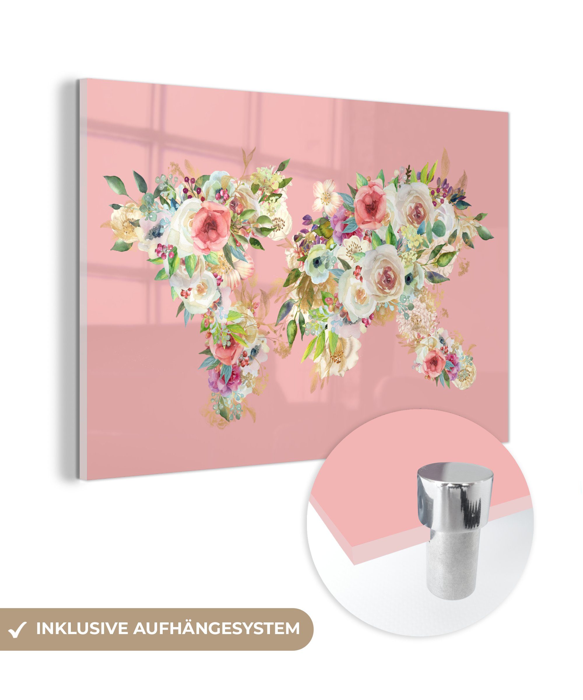 MuchoWow Acrylglasbild Weltkarte - Rosen - Anemone - Rosa, (1 St), Acrylglasbilder Wohnzimmer & Schlafzimmer