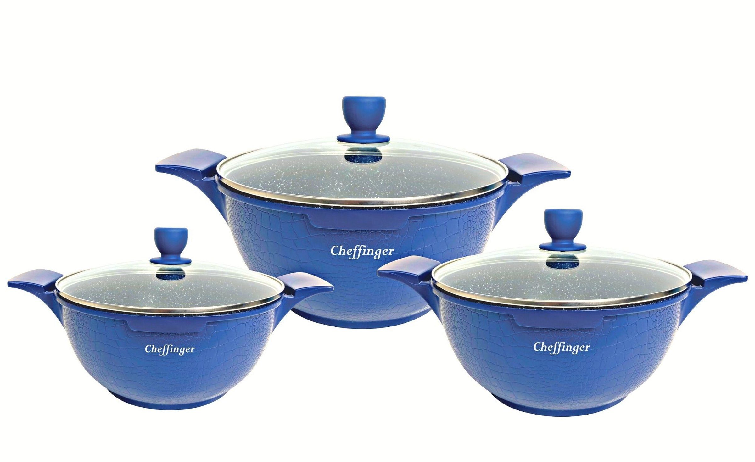 Cheffinger Topf-Set Kochtopf Kasserolle Topf Set 6-tlg mit Glasdeckel Cheffinger blau, Material: Aluminium, Stahl, Glas