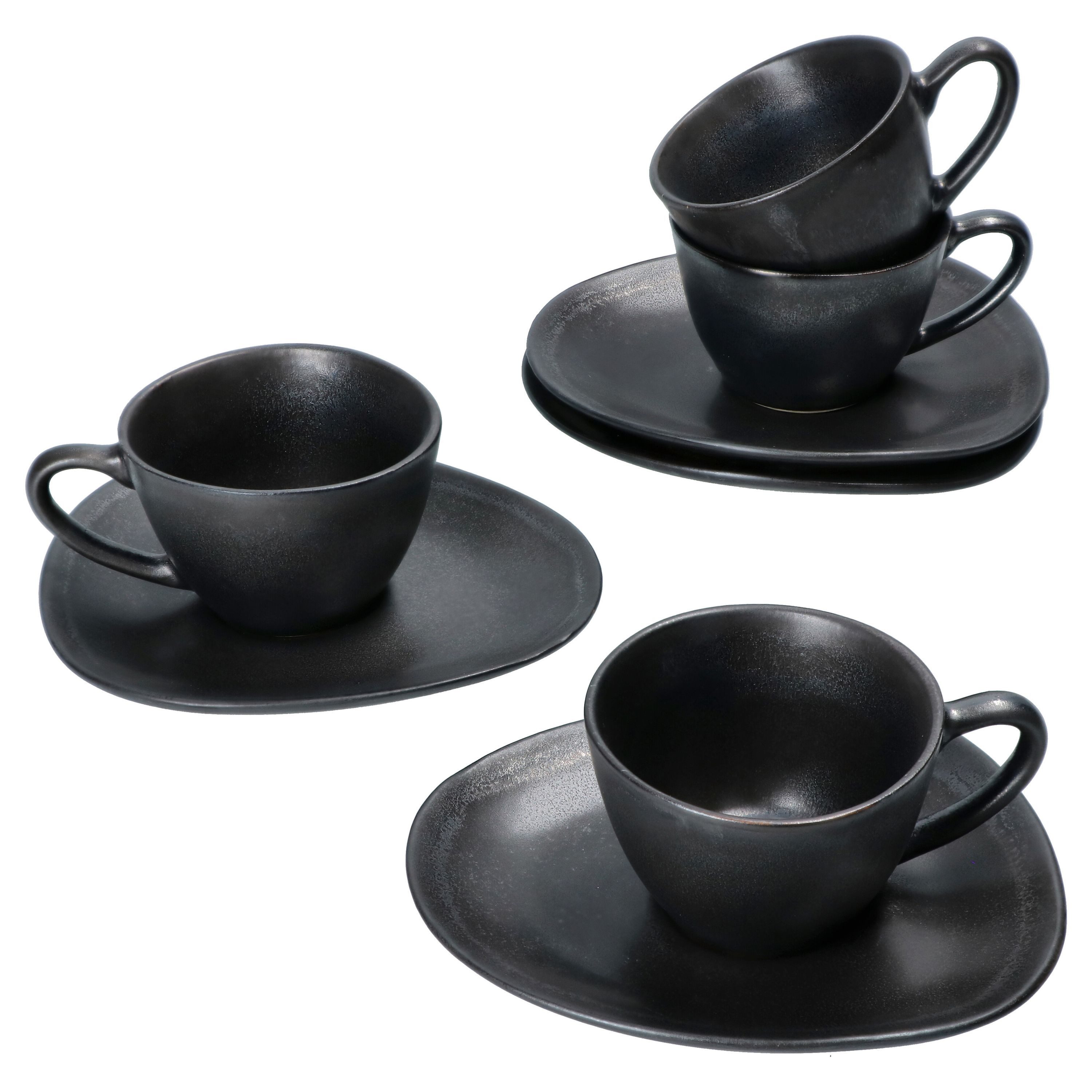 MamboCat Tasse 4er Set Manhattan Espressotasse mit Untertasse für 4 Personen schwarz, Steingut