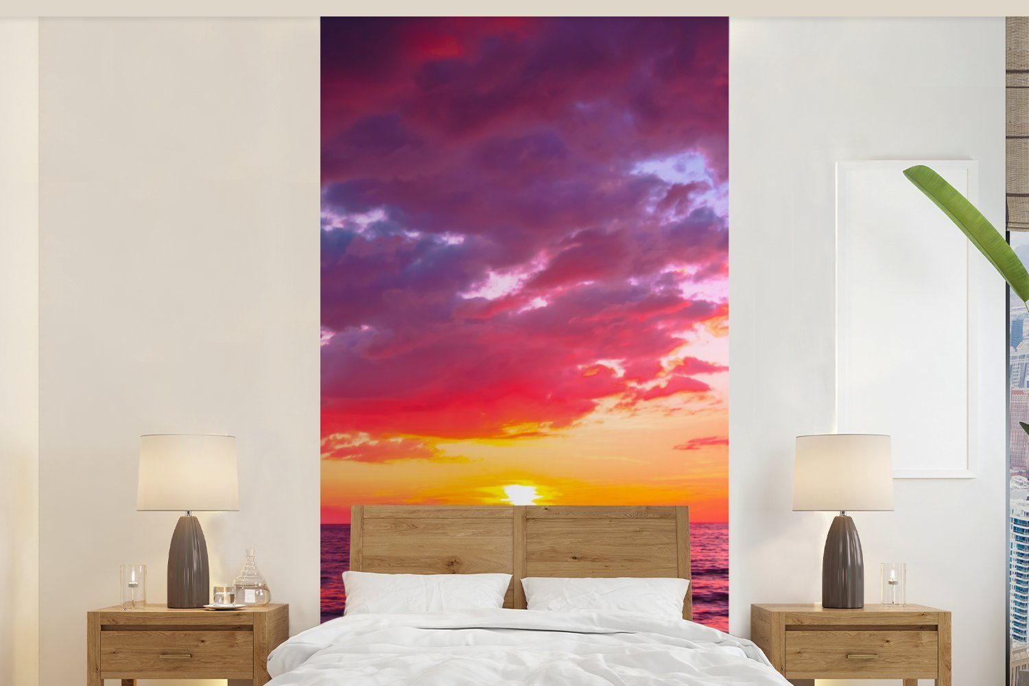 MuchoWow Fototapete Sonne - Horizont - Rosa - Palme - Meer, Matt, bedruckt, (2 St), Vliestapete für Wohnzimmer Schlafzimmer Küche, Fototapete
