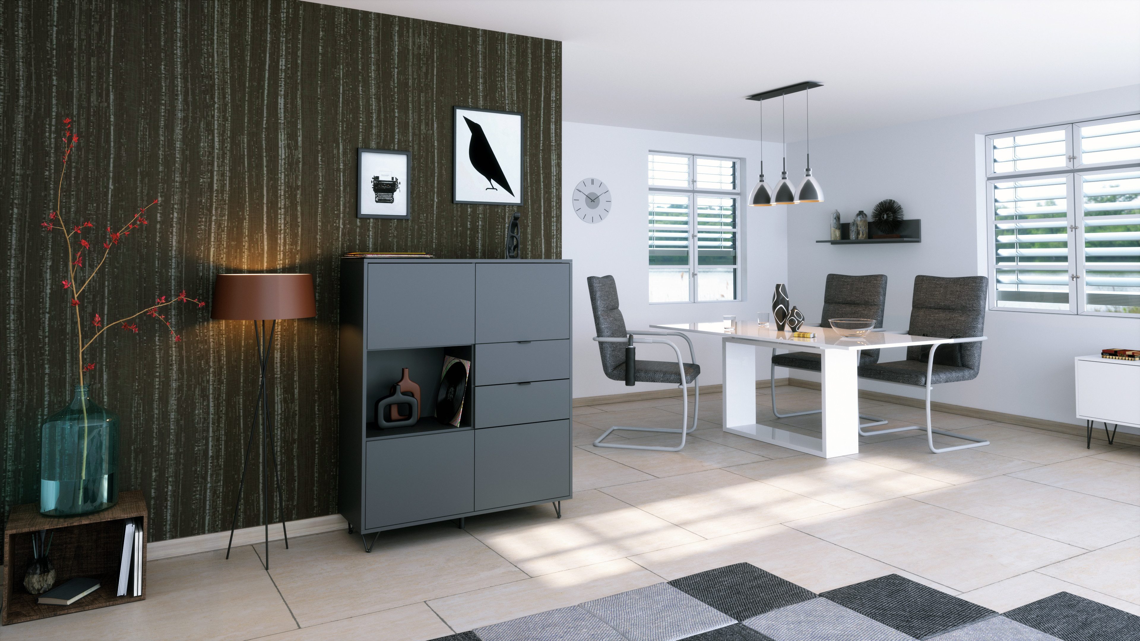 Vladon Highboard Marino V1 (Highboard mit 4 Tür Anthrazit matt, 2 Schubladen Anthrazit matt, Made in Germany), Korpus Anthrazit matt (103 x 125,5 x 37 cm)