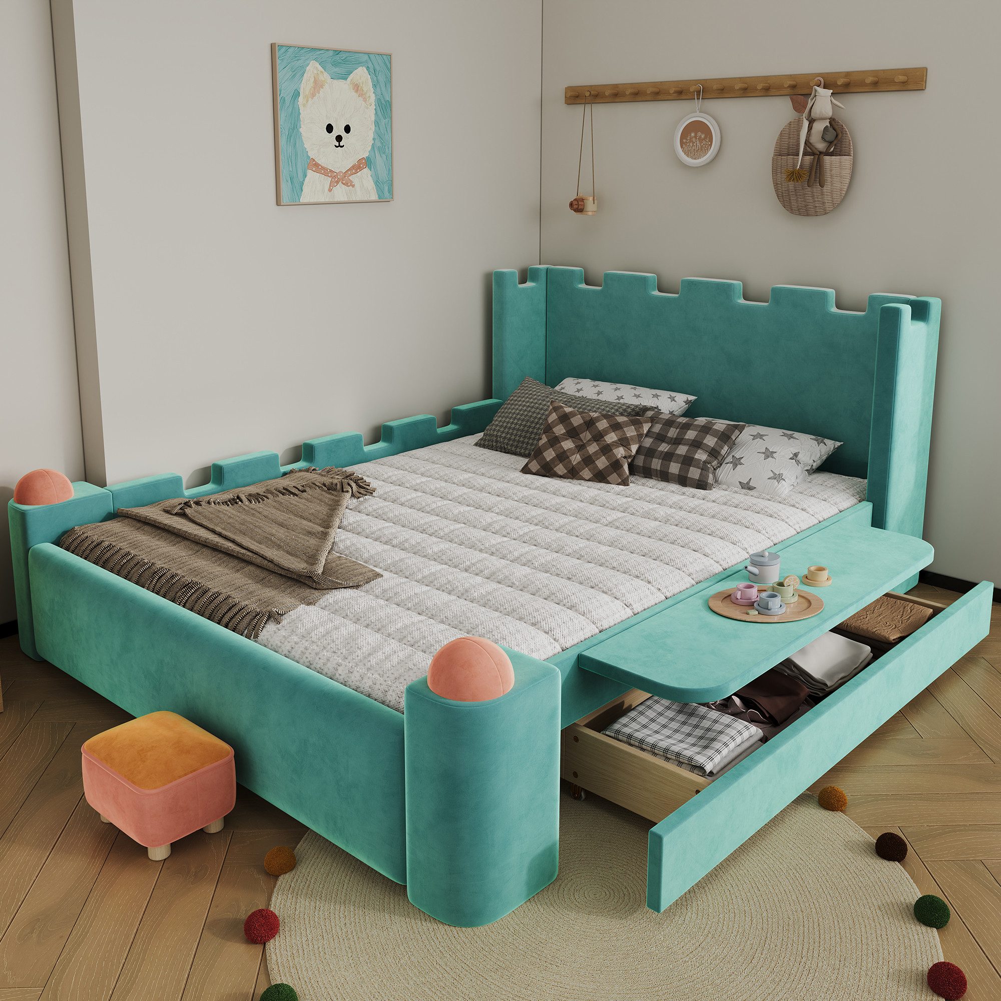 Flieks Kinderbett, Polsterbett BurgDesign 140x200cm mit klappbarer Ablagefläche Schublade