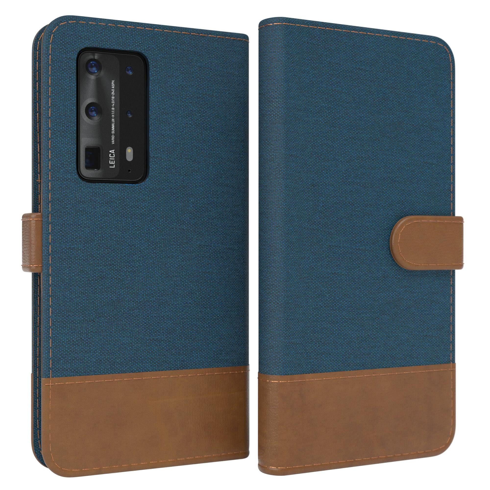 EAZY CASE Handyhülle Bookstyle Jeans für Huawei P40 Pro Plus 6,58 Zoll, Klappcase mit Standfunktion und Kartenfach Stoff Schutzhülle Blau