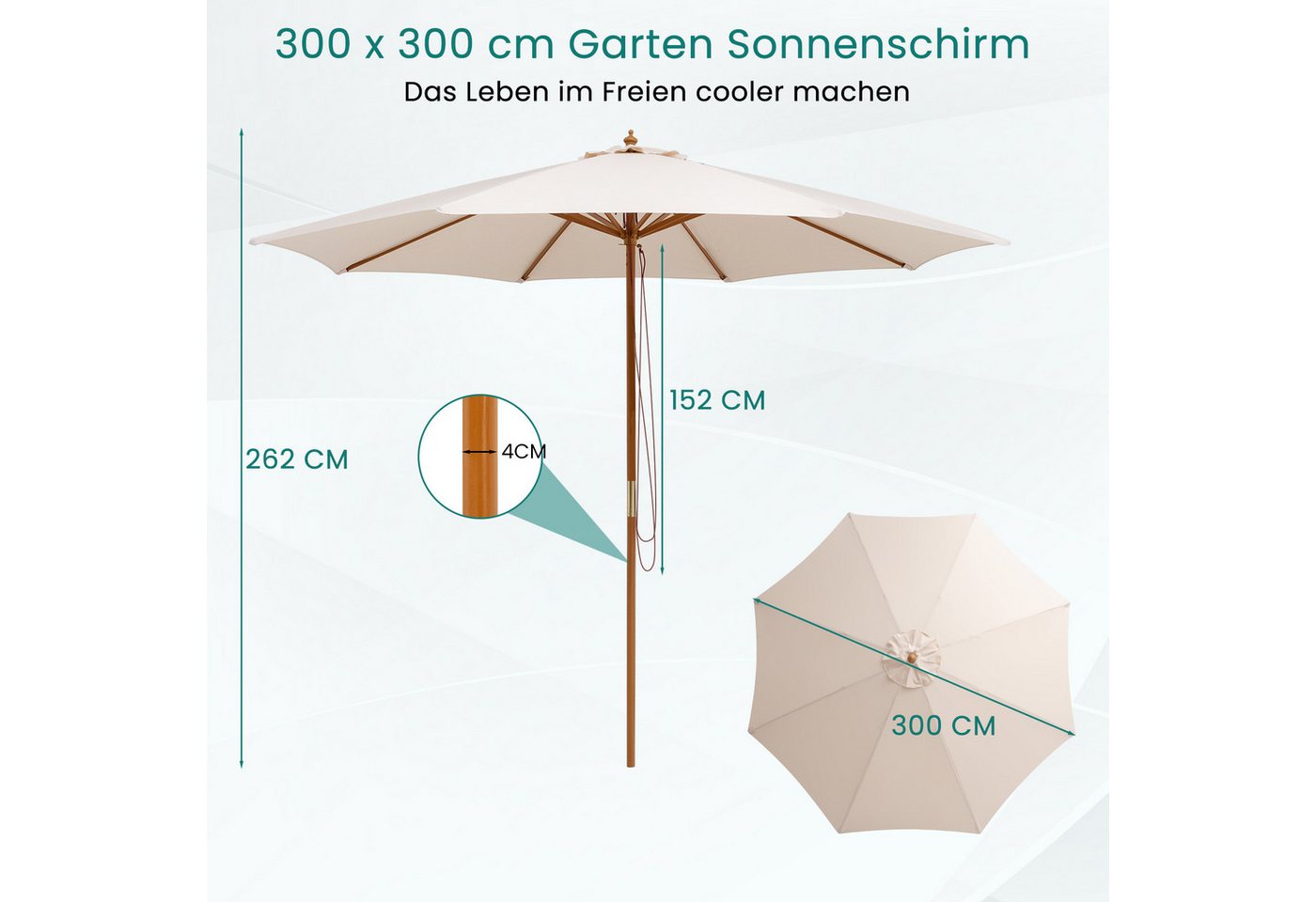 Thumbnail - KOMFOTTEU Sonnenschirm, aus Holz und Polyester, 300 cm