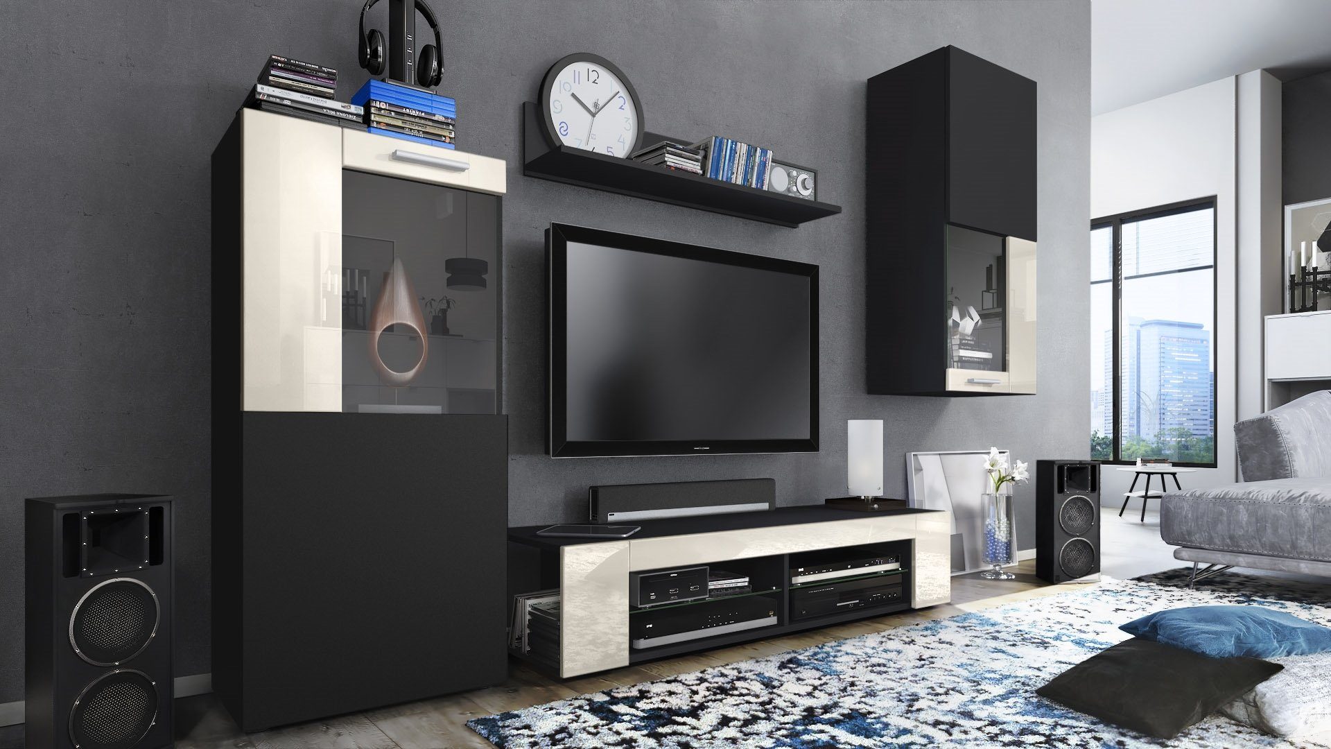 Vladon Wohnwand Movie, (Anbauwand, 5-St., bestehend aus 1 TV-Board, 2 Vitrinen und 1 Regal), Schwarz matt/Schwarz matt/Creme Hochglanz (Gesamt: 300 x 190 x 39 cm)