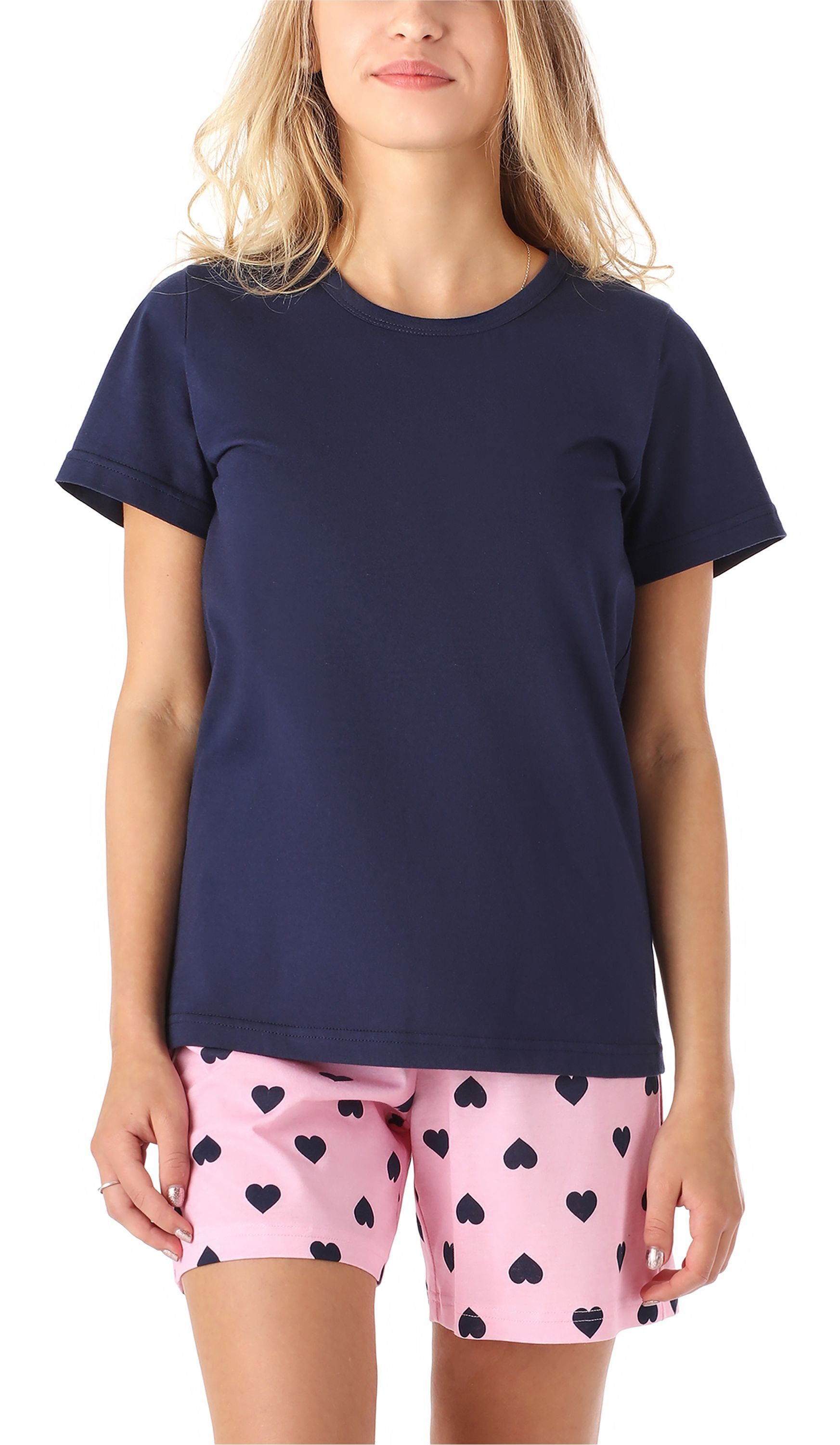 MS10-265 Set Schlafanzug Herz Mädchen Style Merry Pyjama Baumwolle Kurz aus Schlafanzüge Marine