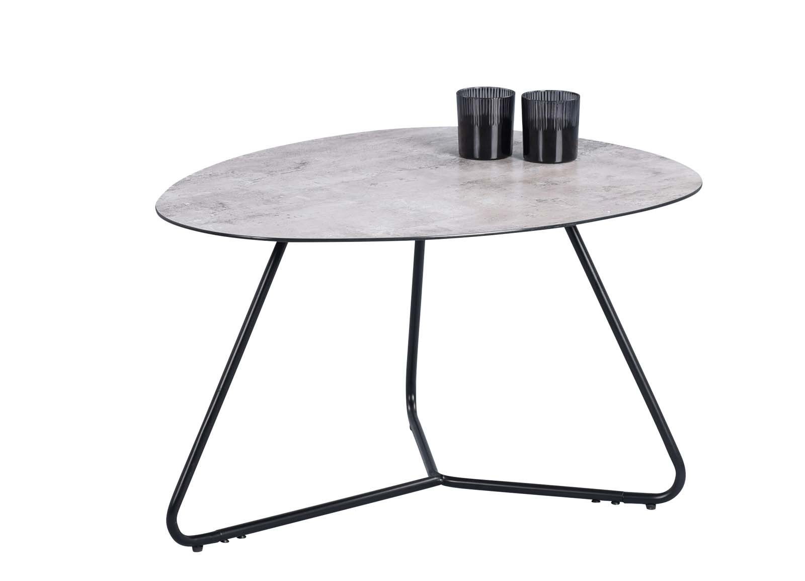 möbelando Couchtisch Rodgau, Tischplatte aus Sicherheitsglas in Keramikoptik. Gestell aus Metall in schwarz.
