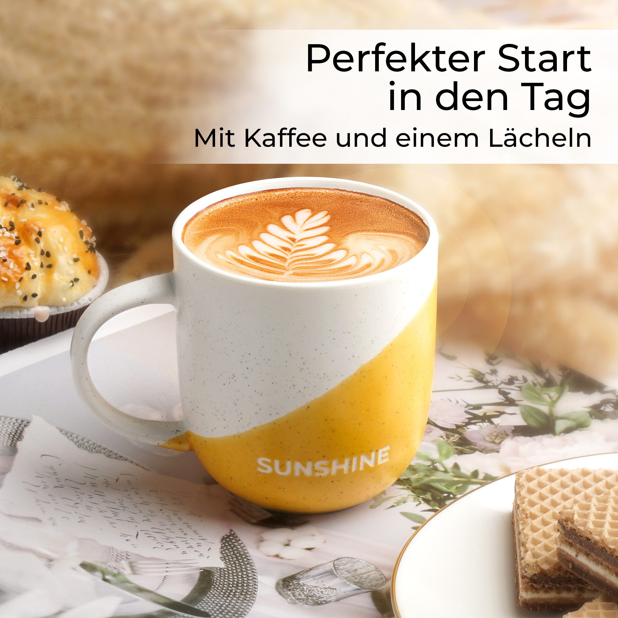 MiaMio Tasse Happy Life, 4-tlg., Keramik, Spruchmotiv, 300 ml