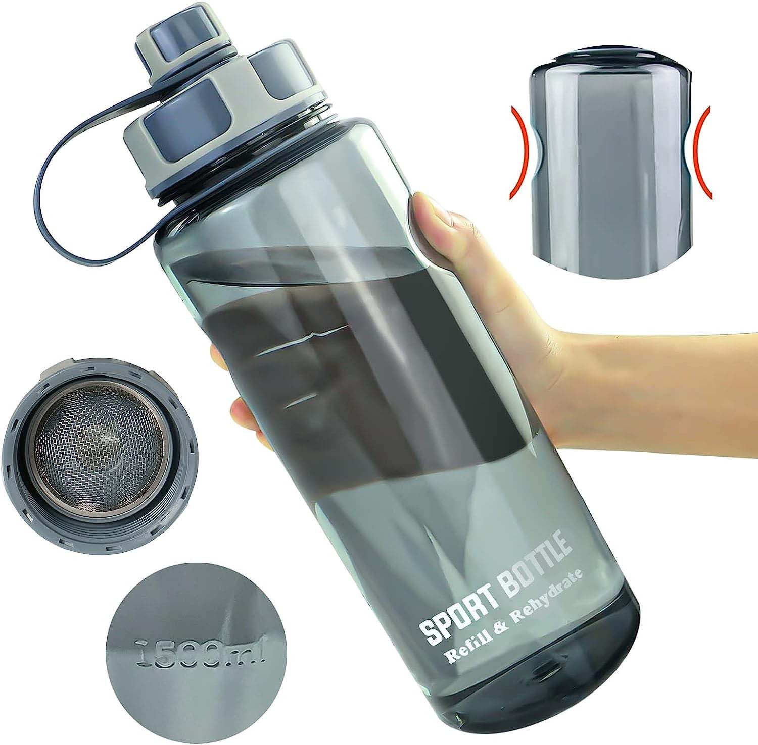 KIKI Wasserkaraffe Auslaufsicher Sportflasche mit Filter für Sport, Fitness,Outdoor(Grau)