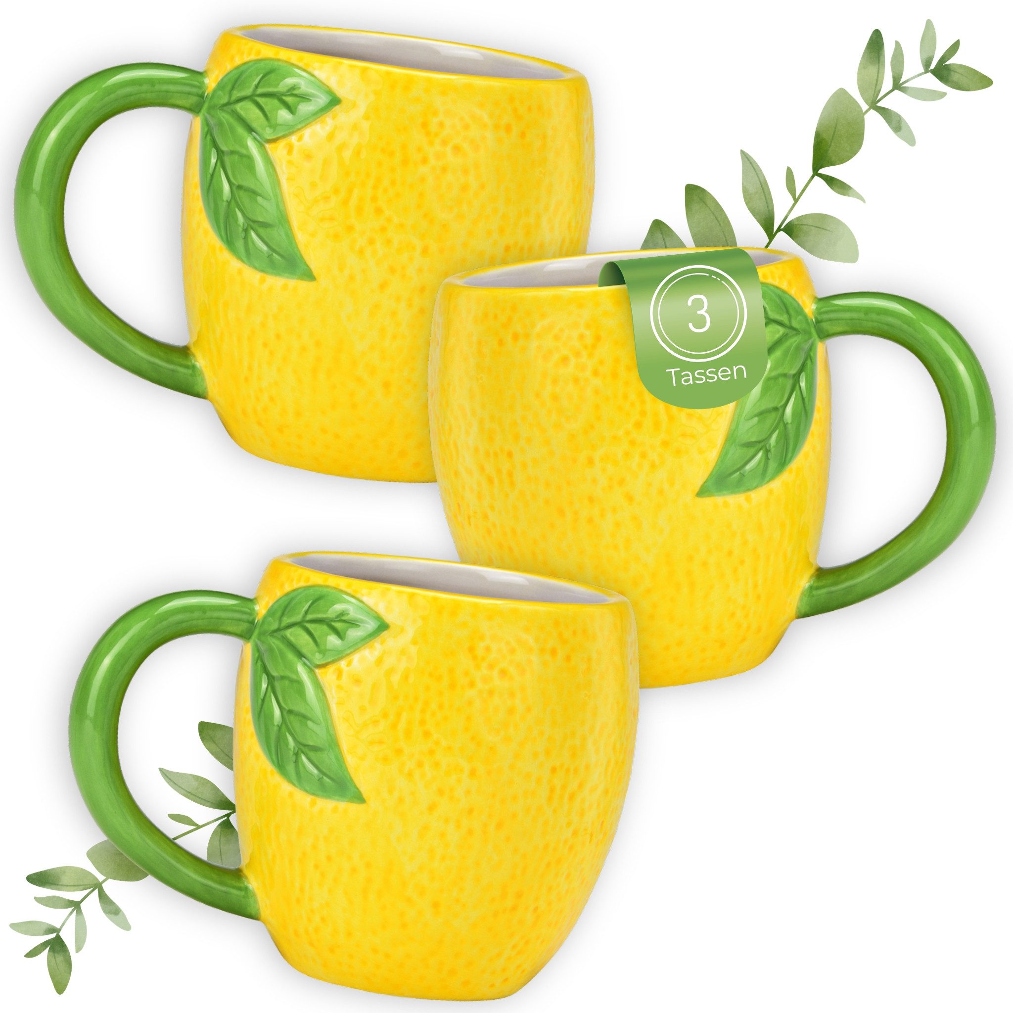 matches21 HOME & HOBBY Tasse Kaffeetassen Zitrone, 3er Set Teetasse mit Henkel, 3-tlg., Porzellan, Gelbe 3D Frucht Kaffeebecher 360 ml