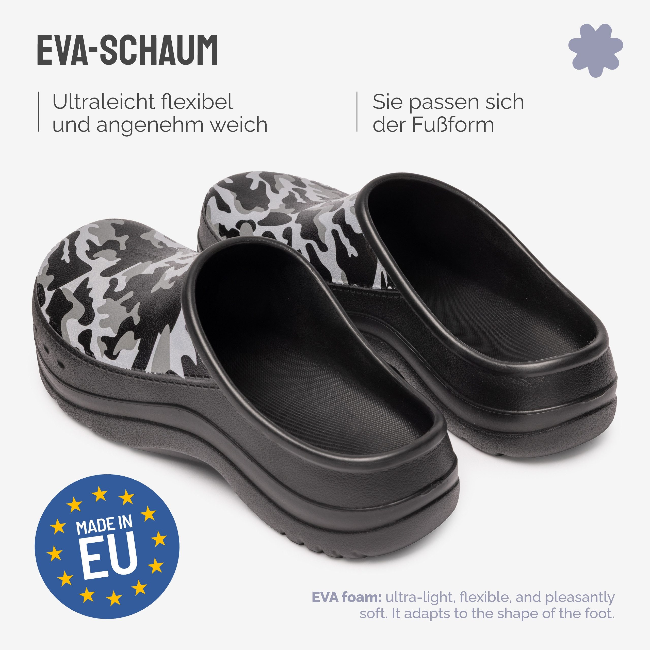 Ladeheid Gartenclogs für Herren Ultraleicht EVA Gartenschuhe LA-CA-26 Clog (40 EU, Schwarz/Weiß Tarnmuster) Wasserdicht & Flexibel – Bild 2 von 5