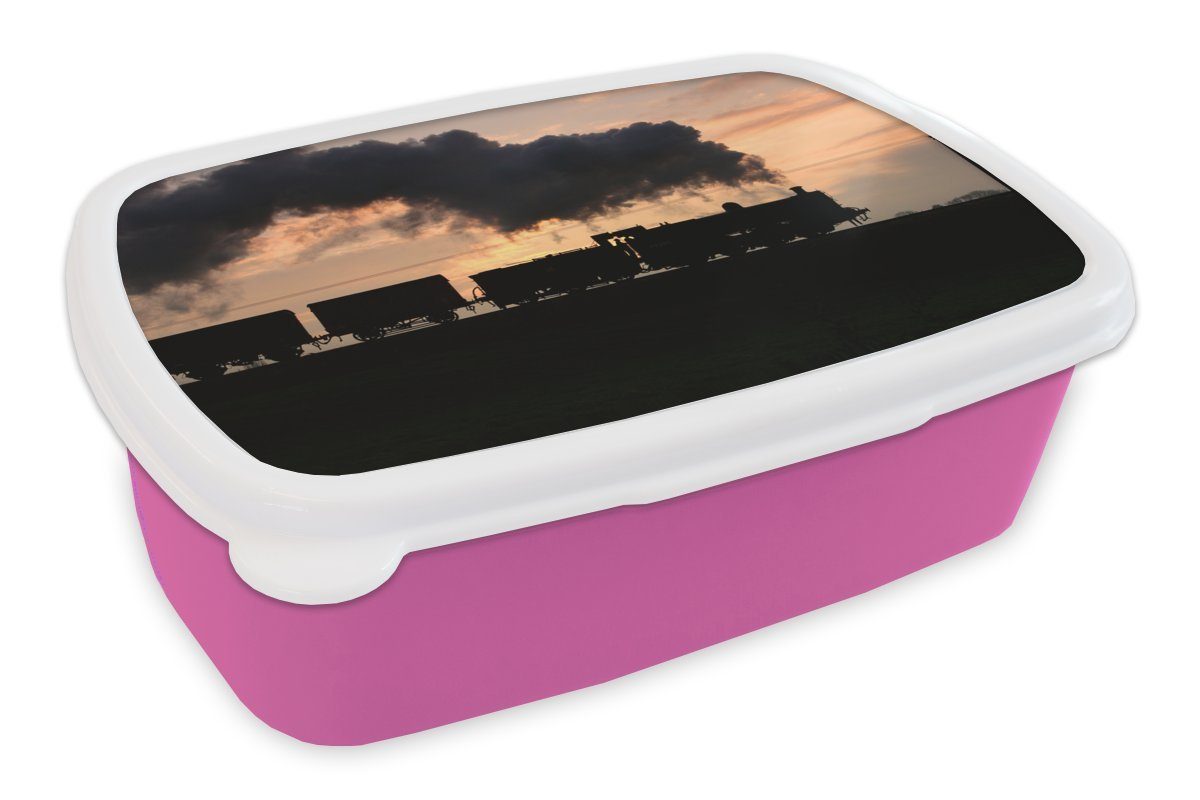 MuchoWow Lunchbox Eine Dampflokomotive bei Sonnenuntergang, Kunststoff, (2-tlg), Brotbox für Erwachsene, Brotdose Kinder, Snackbox, Mädchen, Kunststoff rosa