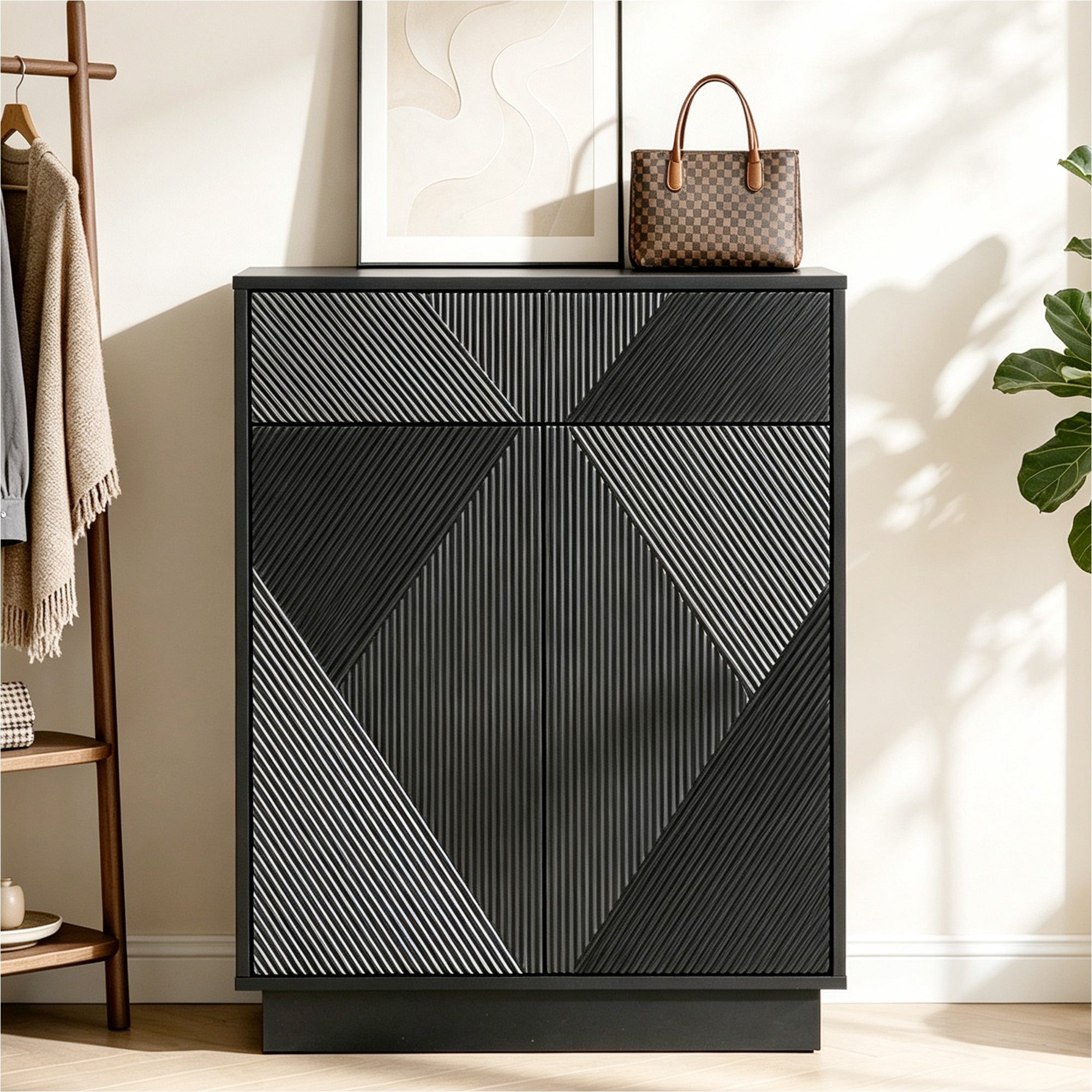 UEV Sideboard Küchenschrank mit 2 Türen & Schublade, 70x36,5x94cm grifflose Kommode (Flurschrank, Kaffeebar Möbel, Kleine Kommode), Verstellbarer Ablage & Push-to-Open, Schrank für Wohnzimmer Flur Küche