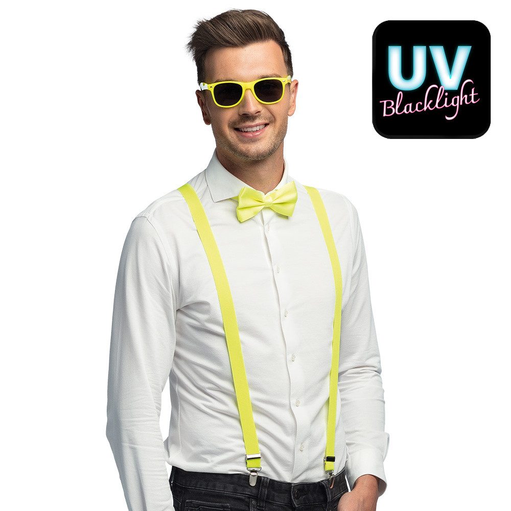 Boland Kostüm-Flügel Partyset Hosenträger, Brille und Fliege, Neon Gel