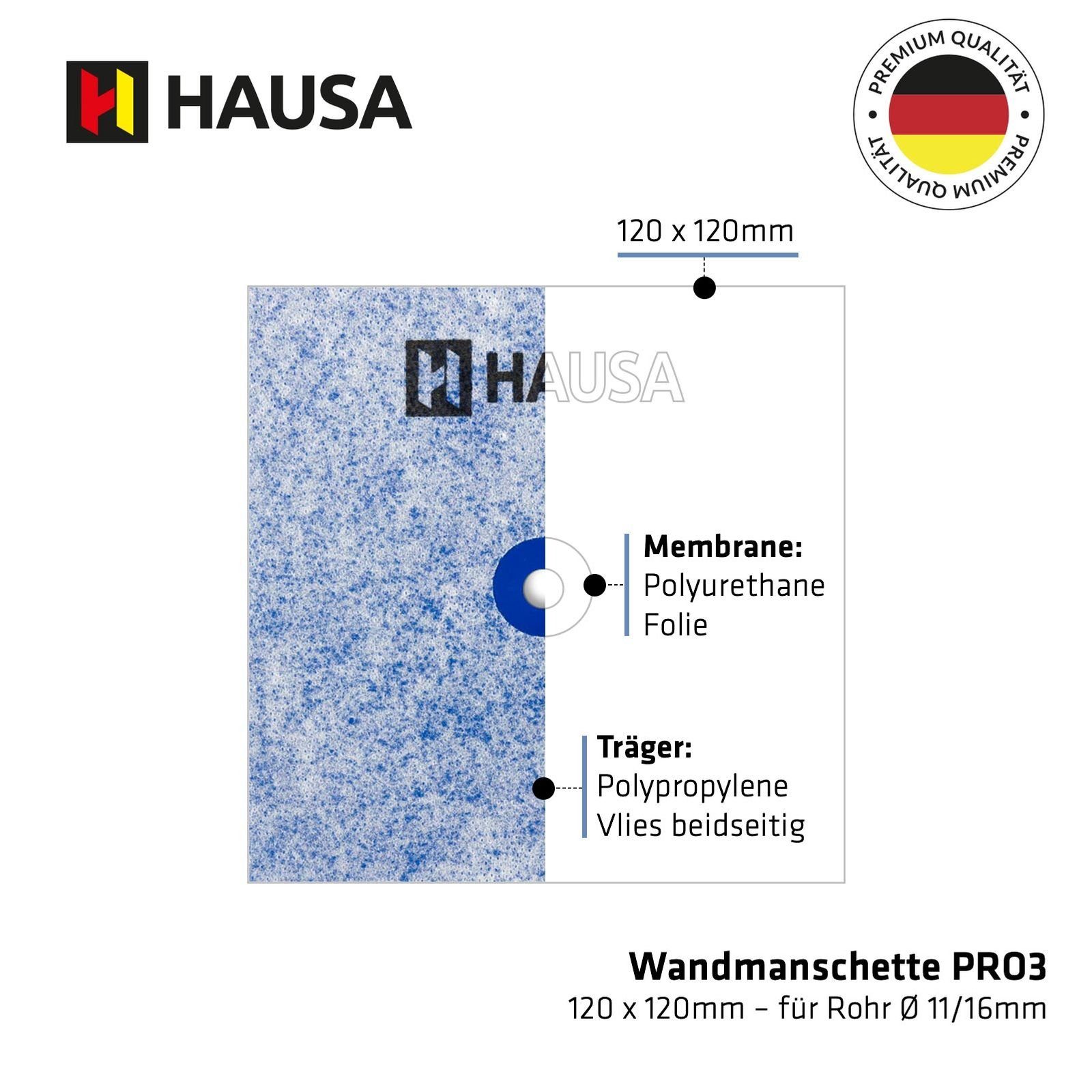 Hausa Dichtmanschette Wandmanschette 120mm x 120mm, (wasserfeste Abdichtung unter Fliesen elastische Manschette, 1-tlg., für Rohr Ø 11/16mm), mit Flüssigfolie dauerhafte Rohrabdichtung für Sanitär Bad Dusche