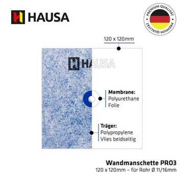 Hausa Dichtmanschette Wandmanschette 120mm x 120mm, (wasserfeste Abdichtung unter Fliesen elastische Manschette, 1-tlg., für Rohr Ø 11/16mm), mit Flüssigfolie dauerhafte Rohrabdichtung für Sanitär Bad Dusche