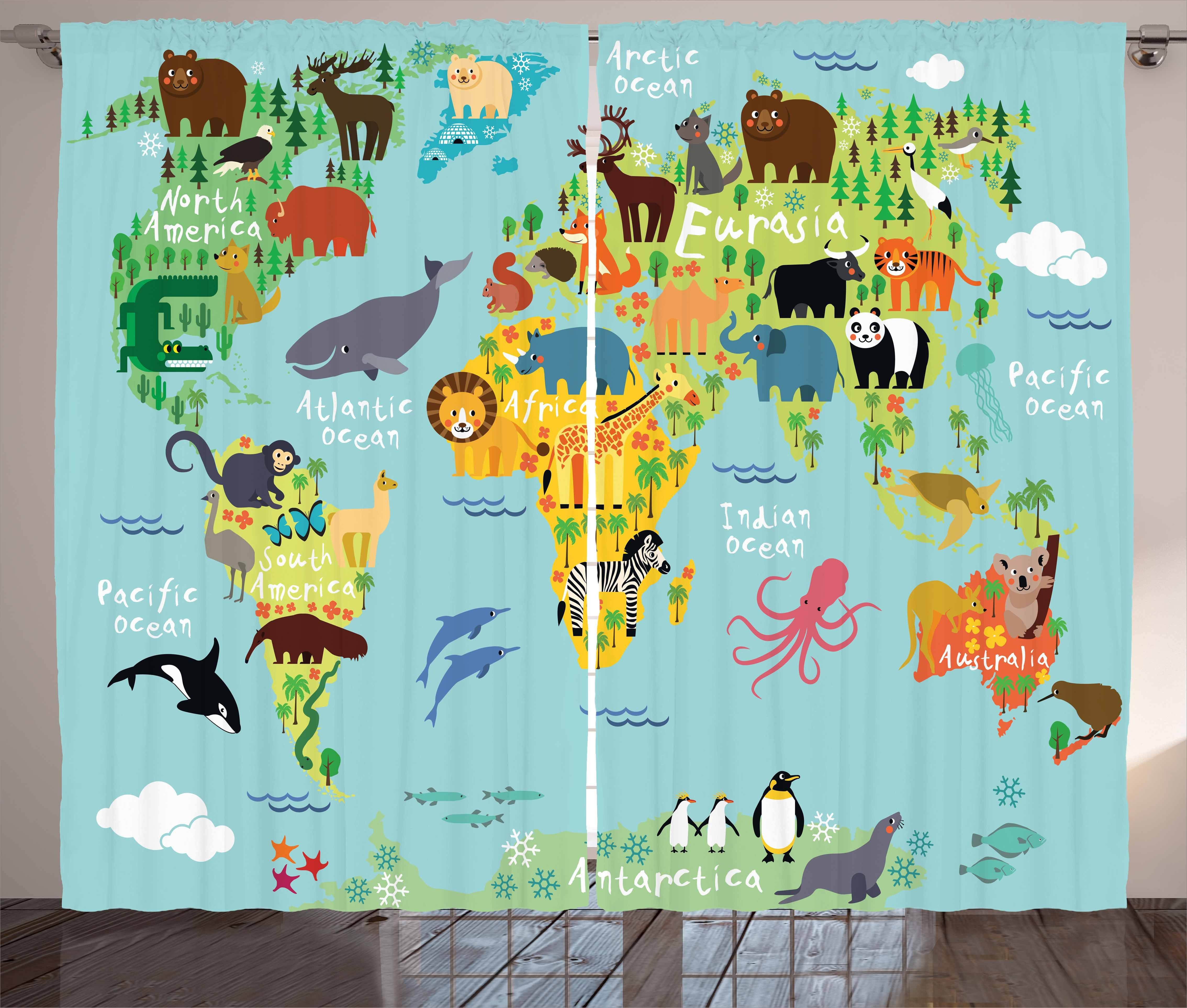 Gardine Schlafzimmer Kräuselband Vorhang mit Schlaufen und Haken, Abakuhaus, Weltkarte Tier Karte der Welt