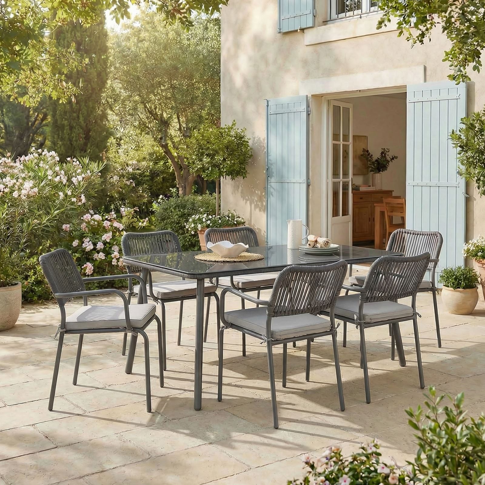 IDIMEX Garten-Essgruppe VOLONTE, Sitzgruppe 6 Stühle mit Kissen & Tisch mit Glasplatte wetterfest grau