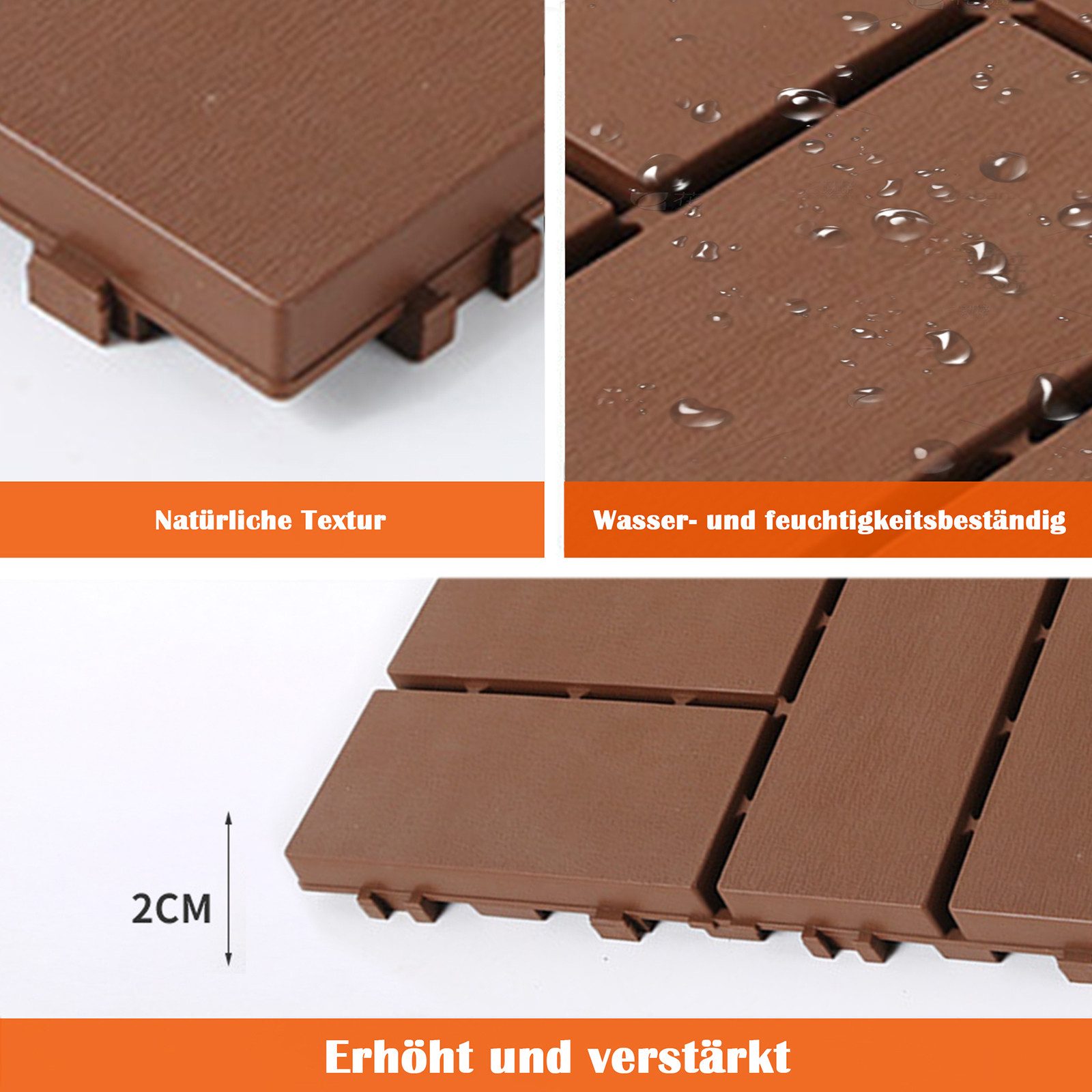 PFCTART Terrassendielen Terrassenfliesen mit Klicksystem, Kunststoff Bodenfliesen, 4,09 m², BxL: je 30.48x30.48 cm, 20 mm Stärke, (Set, 44-St., 30,48×30,48 cm, für Balkon, Terrasse, Garten & Innenbereich), Einfache Installation, wetterfest & pflegeleicht, Rutschfest