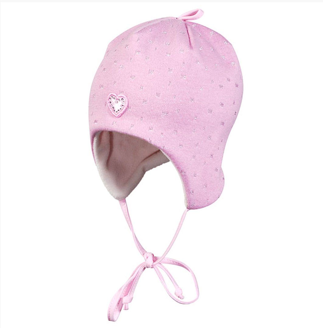 Ohrenmütze Fiebig Bindemütze Herz, Mütze innen m Fleecefutter rosa