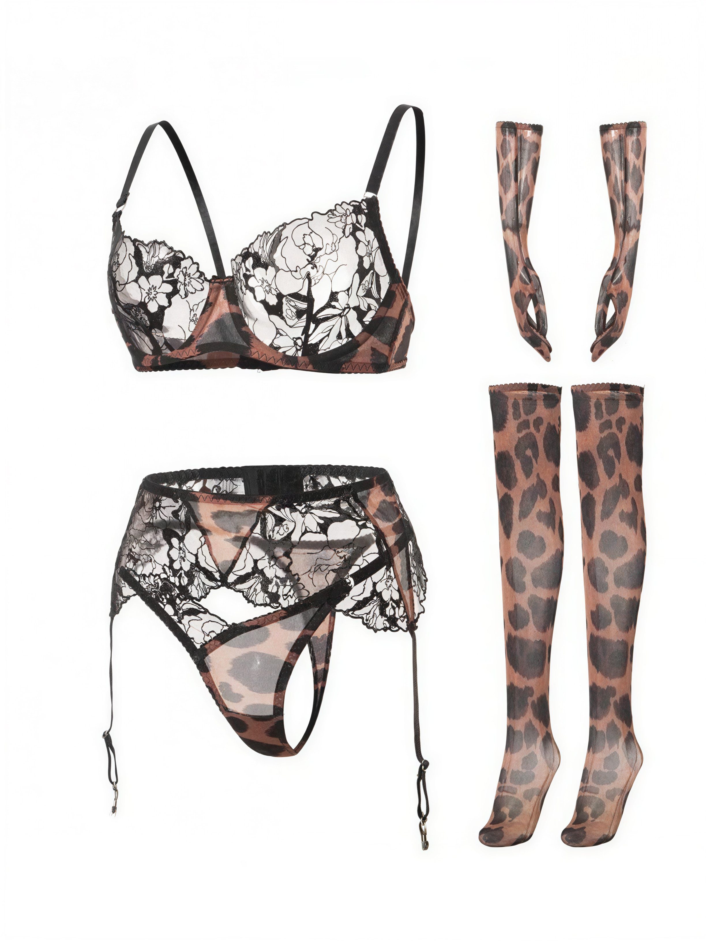 Elegant Love Set: Bügel-BH Sinnliches Dessous-Set aus Spitze – sexy Reizwäsche & Lingerie-Set (Set, 5-tlg., BH + String + Strumpfhaltergürtel + lange Spitzenhandschuhe + Strümpfe) Damenunterwäsche für besondere Momente – elegantes Straps-Set