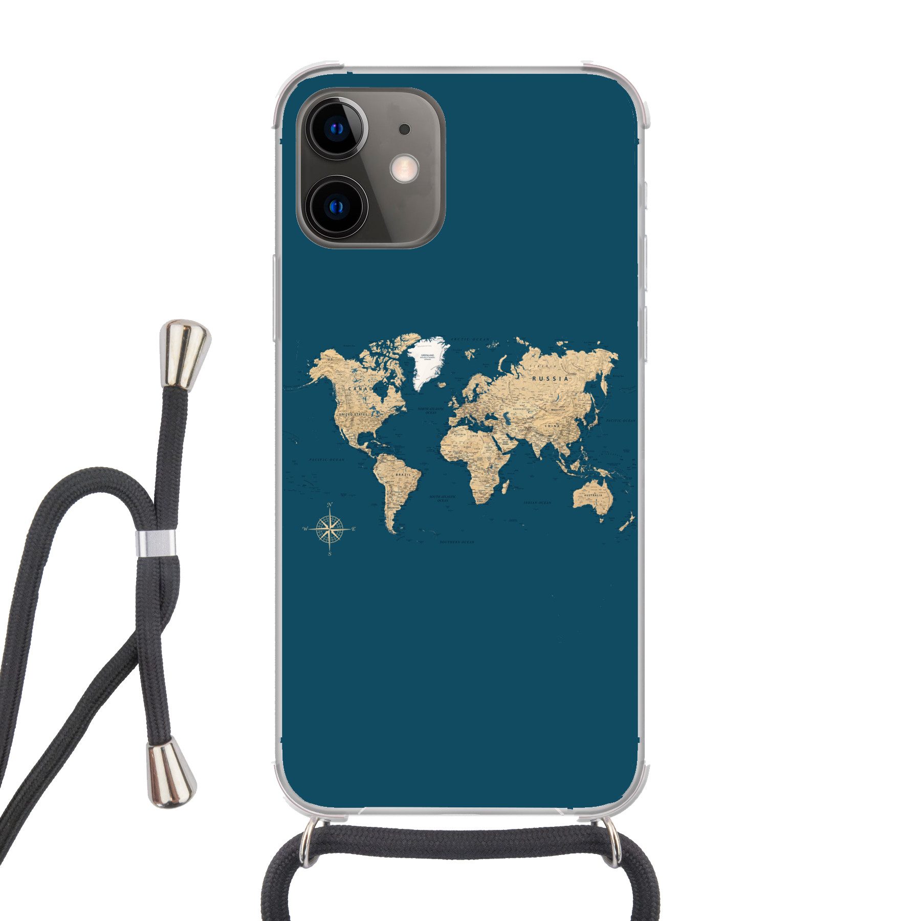 MuchoWow Handyhülle für Apple iPhone 12 Weltkarte - Dunkelblau - Beige, Tragbare Handyhüllen mit Kette zum umhängen, Handykette Handyband