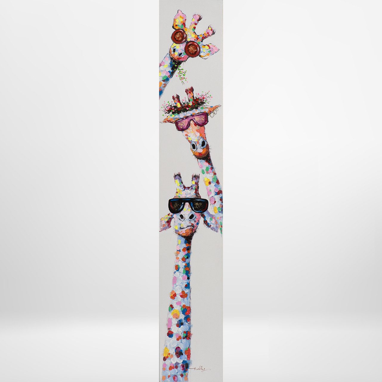 ArtUniverse Gemälde Lustige Giraffen 25x150 cm, Lustig buntes Giraffen-Trio günstig online kaufen