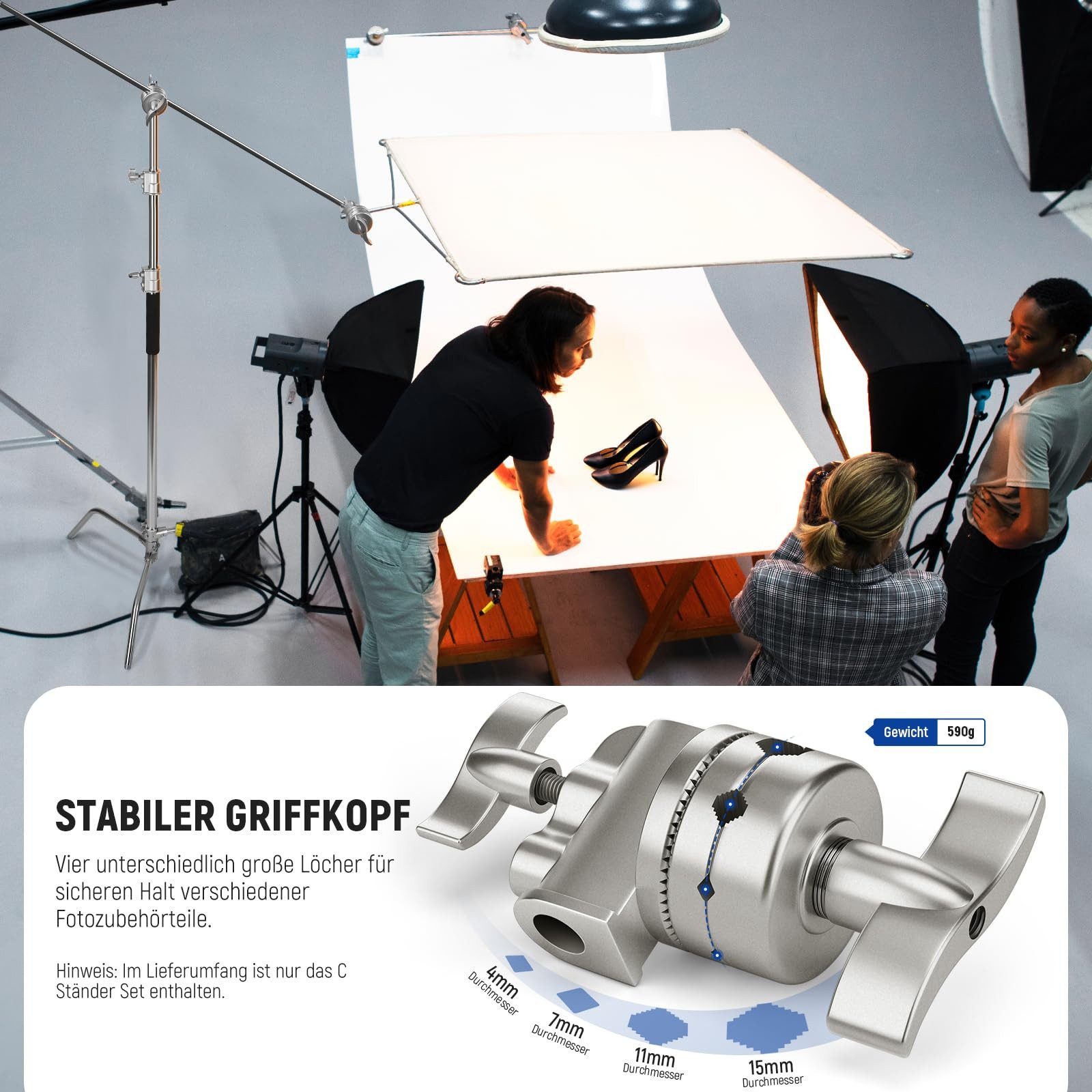 Neewer 100% Edelstahl Heavy Duty C Ständer mit Arm, SC320 Lite Lampenstativ (320cm Fotografie Lichtstativ, 128cm Trag Boom Arm, 2 Griff Köpfe) – Bild 5 von 5