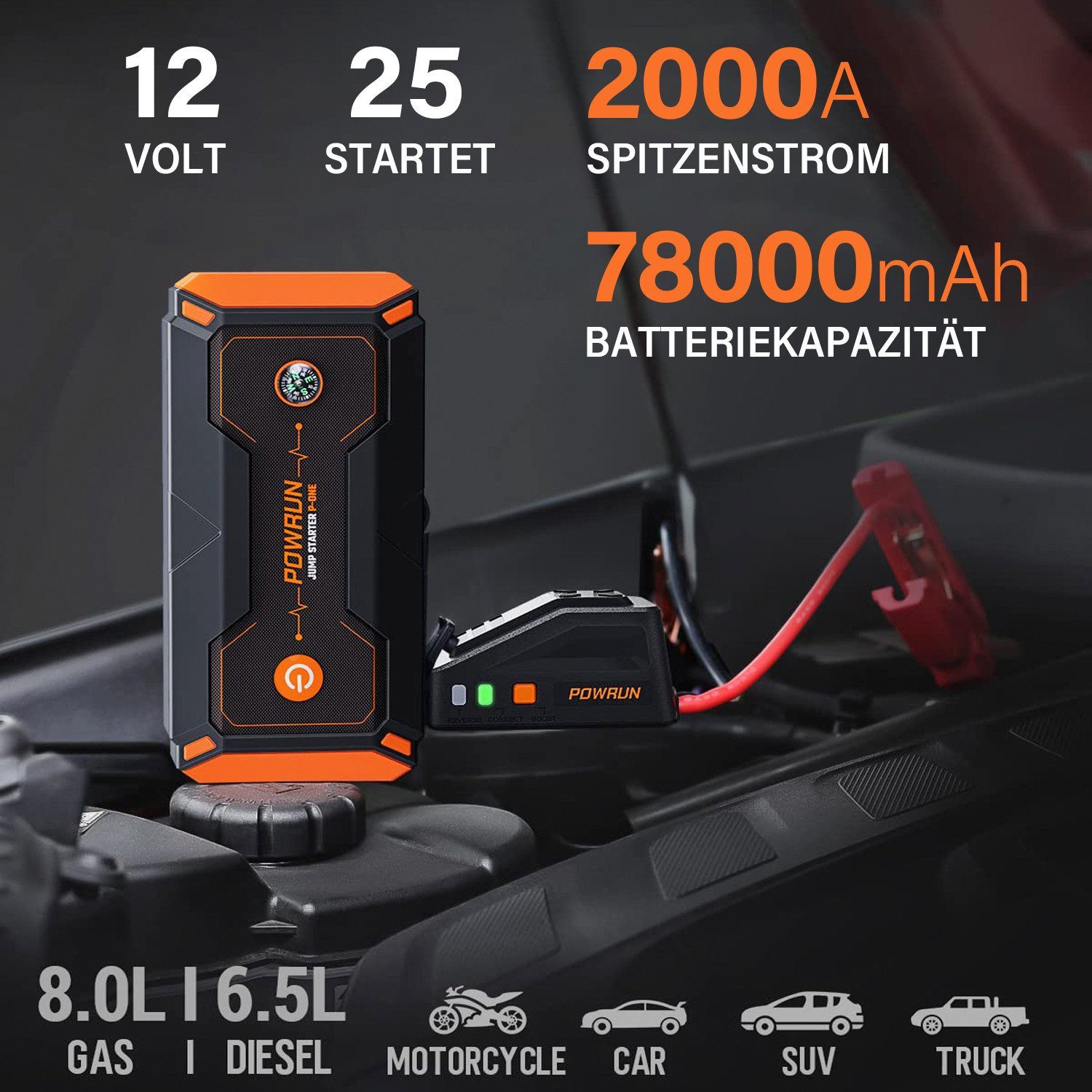 MOPUEA Car Jump Starter Power Bank 2000A 18000mAh Portable with LCD Car Battery Charger (18000 mA, Single Set, Jump Starter with Cable, USB-C, EVA Case, Manual, LCD Display, Power Bank, LED Lamp, IP65 Waterproof)