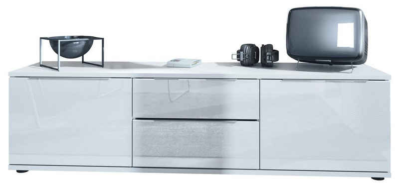 Vladon Lowboard »Linio V1«, Fernsehtisch mit 2 Türen und Schubladen, Weiß matt/Weiß Hochglanz (138,5 x 37,5 x 35 cm)