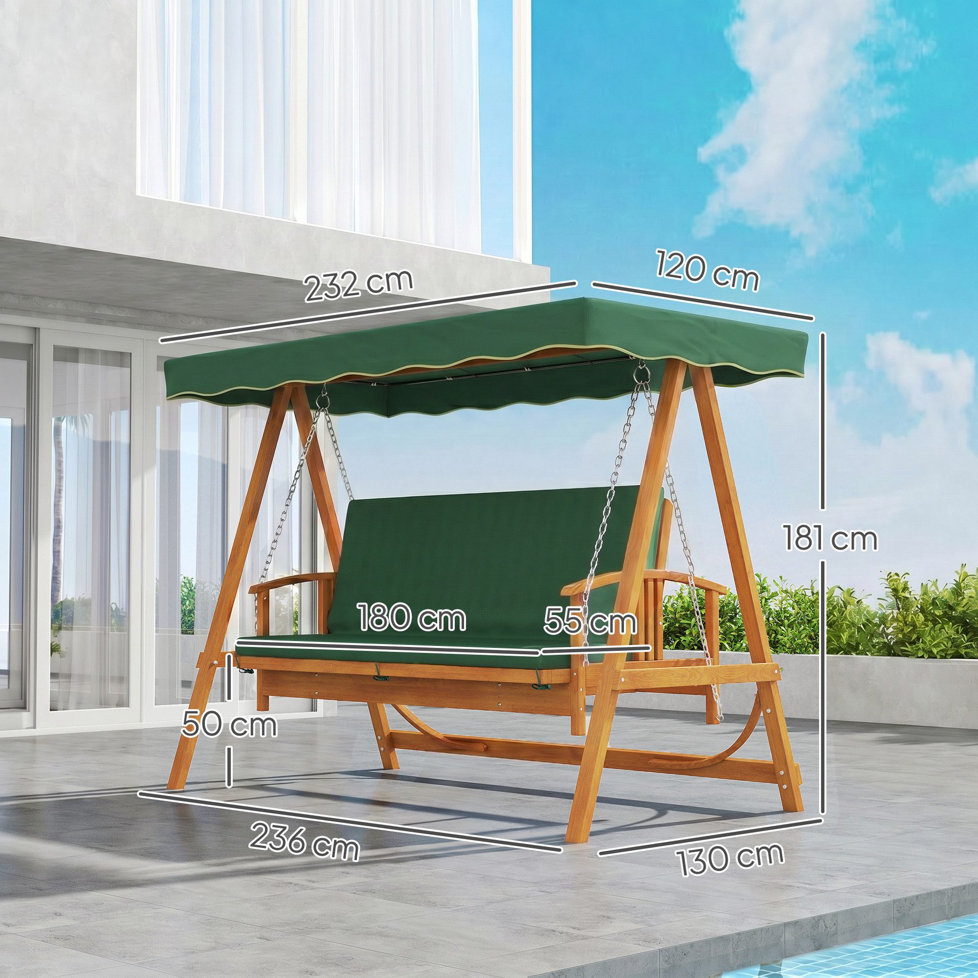 Outsunny Hollywoodschaukel 2 in 1 Gartenschaukel aus Holz mit Sonnendach Sitzauflage bis 330kg, 3-Sitzer, Liegefunktion, 3-Sitzer Gartenschaukel aus Holz, 1 tlg., 2 in 1 Holzschaukel mit Liegefunktion, für Garten, Terrasse, 236x130x181 cm, Dunkelgrün