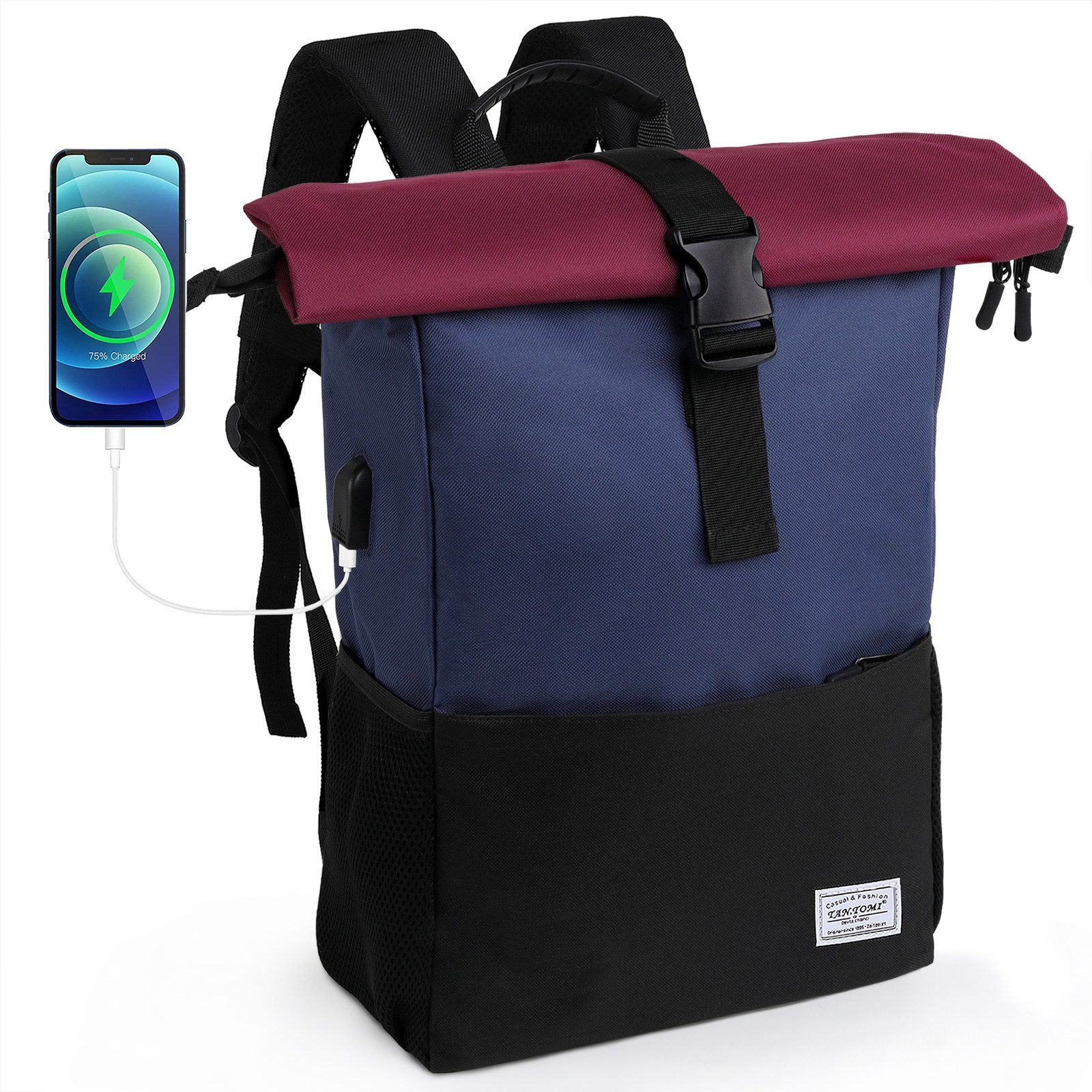 TAN.TOMI Freizeitrucksack Arbeitsrucksack Groß Damen lässiger Rolltop Rucksack Herren Backpack, mit Laptopfach bis 15,6 zoll und externen USB-Anschluss