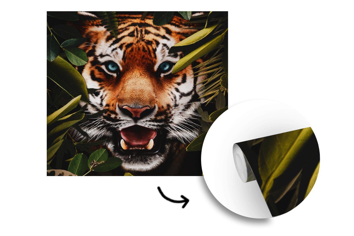St), Vinyl Tapete - Schlafzimmer, (5 Fototapete Wandtapete oder - für MuchoWow Matt, Wohnzimmer Tiger Blätter, Dschungel bedruckt,