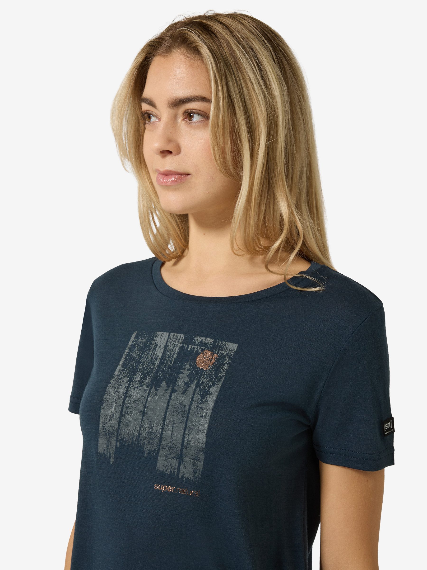 SUPER.NATURAL T-Shirt für Damen, Merino W WONDER WALD TEE mit Natur-Motiv, atmungsaktiv