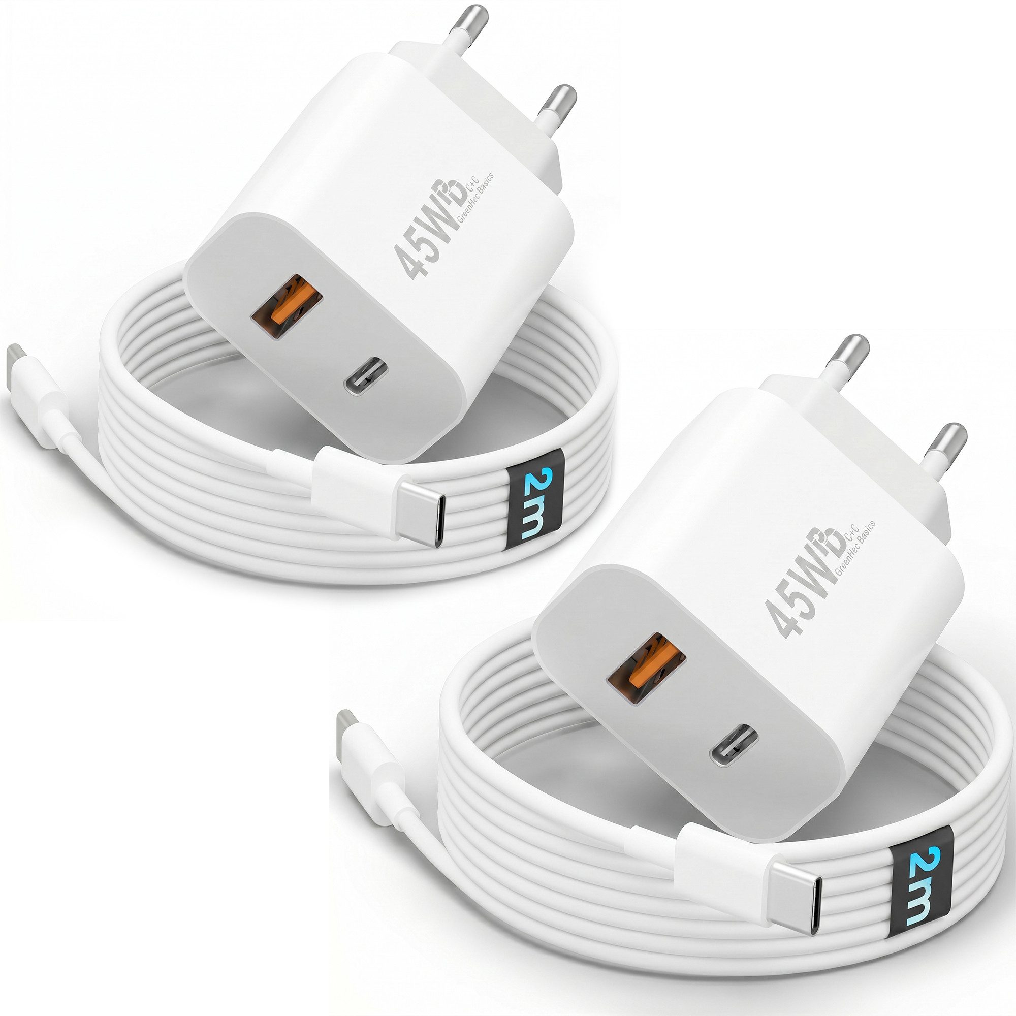 GreenHec 45w Schnellladegerät USB C Charger für Samsung S25 S24 S23 iPhone Schnelllade-Gerät (Spar-Set, 45w USB-C + USB-A Dual Charger (2er Pack) + 2m Kabel (2er Pack), Netzteil Stecker Adapter Tablet Handy Google Dual Doppel Ladegerät)