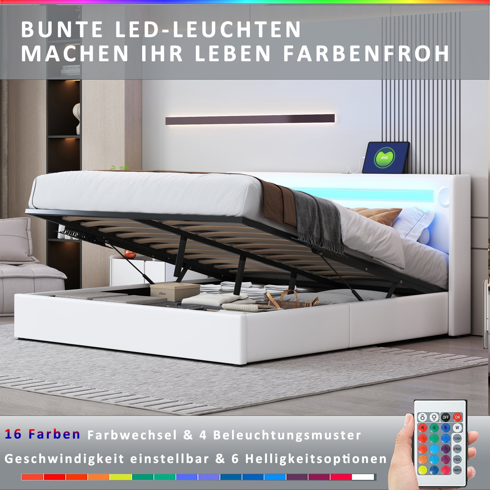 Polsterbett (Stauraumbett, Doppelbett), mit LED Beleuchtung/Bluetooth/USB-Aufladen, Kunstleder, 160x200cm