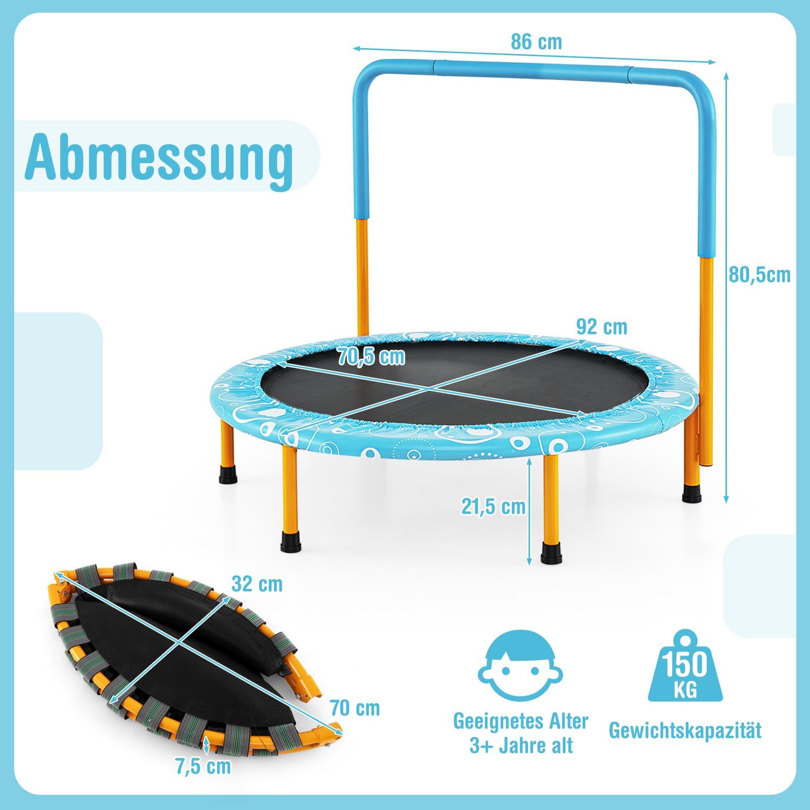 COSTWAY Kindertrampolin, Ø 92 cm, klappbar mit Griff, bis 150kg günstig online kaufen