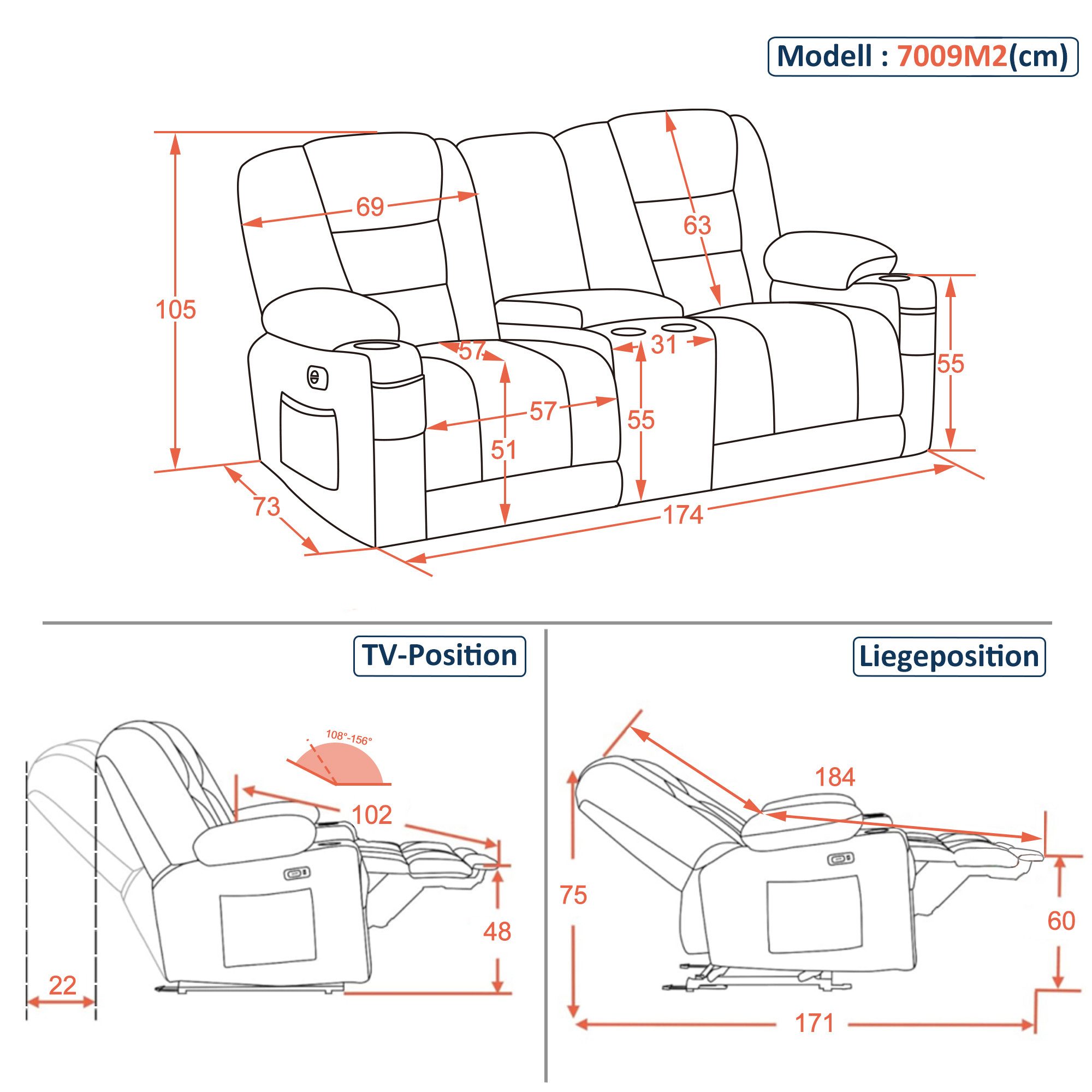 MCombo 2,5-Sitzer M MCombo Sofa 150° Verstellbar, 2er/3er Relaxsessel, 7009, mit Relaxfunktion