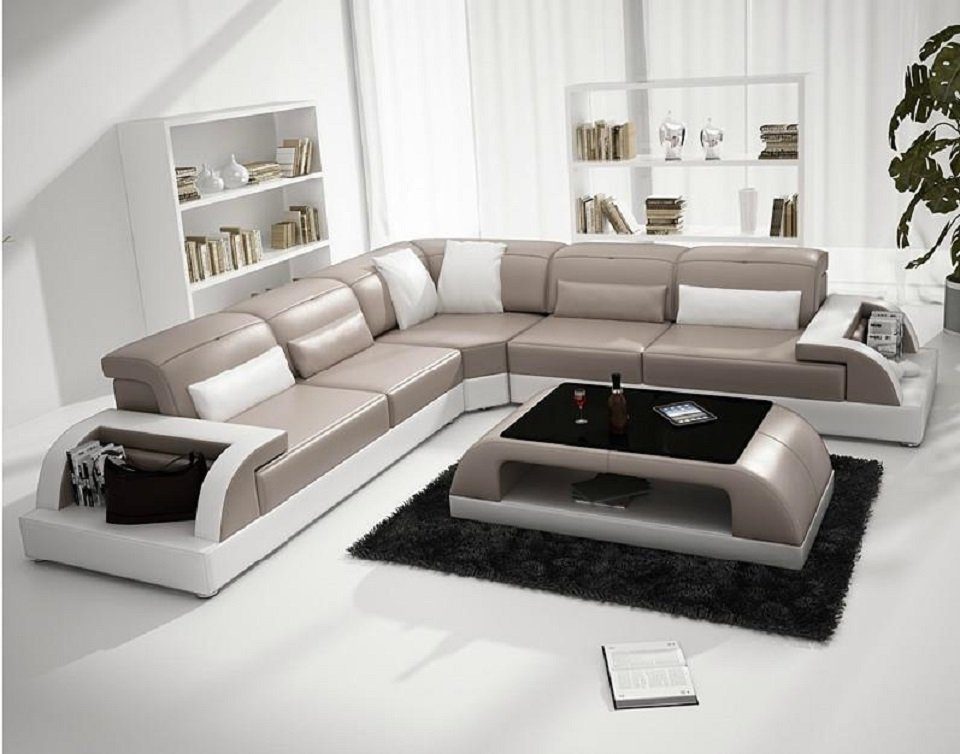JVmoebel Wohnzimmer-Set Ecksofa L-Form + Couchtisch Sofa Couch Design Polster Leder Modern Beige/Weiß