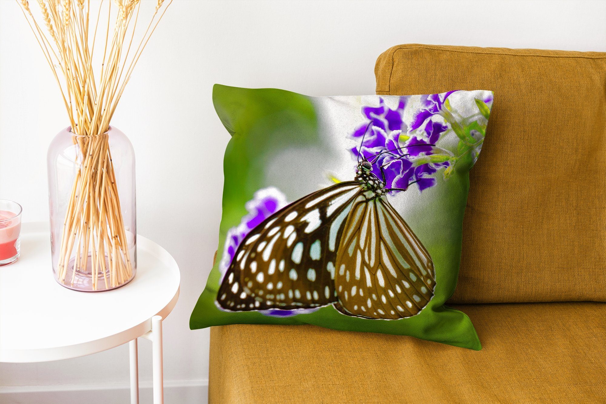 Botanisch, Wohzimmer, Schlafzimmer, Dekokissen Zierkissen MuchoWow Deko, mit für - Füllung Sofakissen Lavendel Schmetterling -